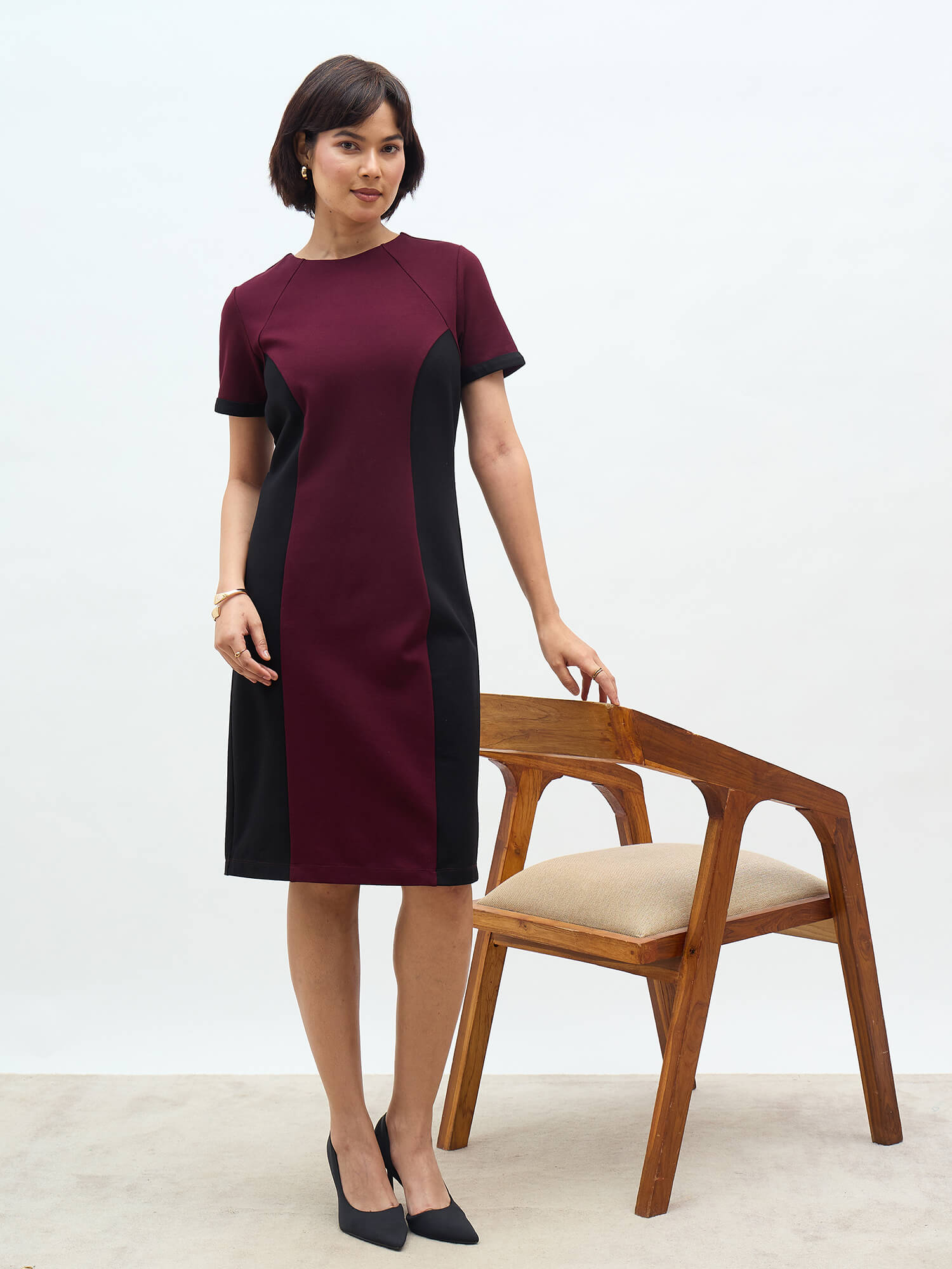 Aven Panelled Dress-Wine & Black