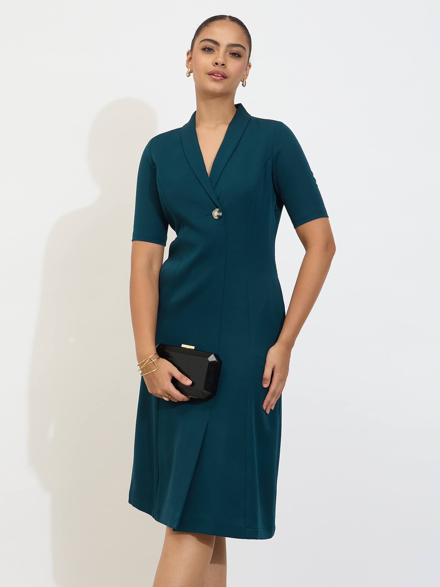 Stalwart Shawl Collared Dress-Teal