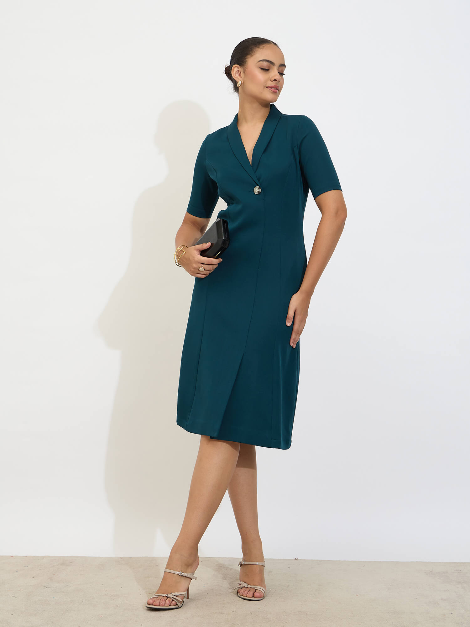 Stalwart Shawl Collared Dress-Teal
