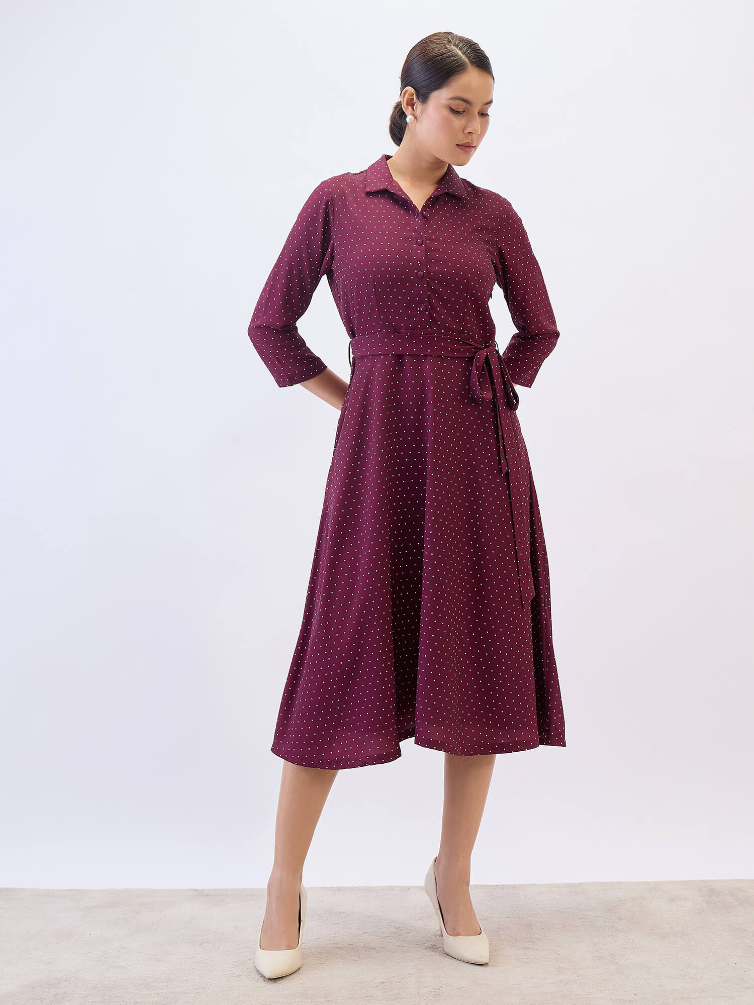 Nico Shirt Collar Fit & Flare Dress-Wine