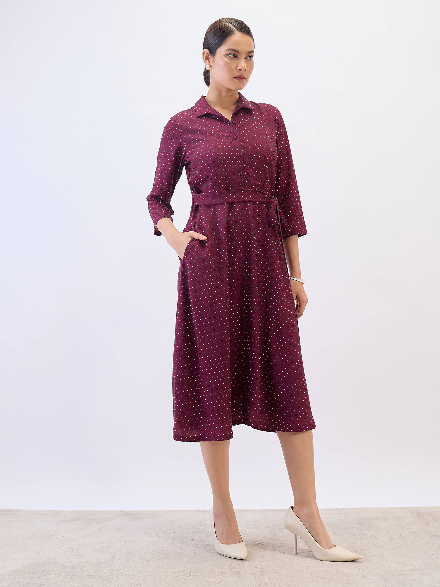 Nico Shirt Collar Fit & Flare Dress-Wine