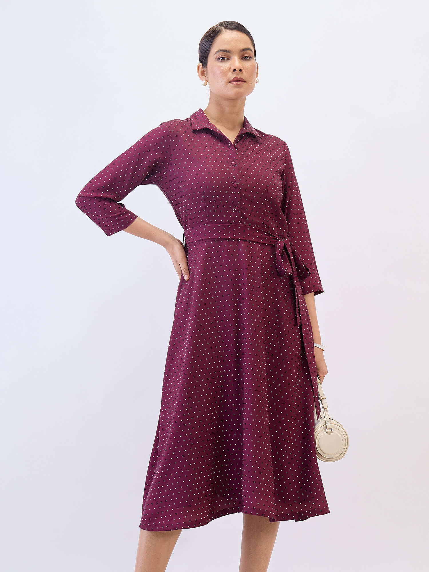 Nico Shirt Collar Fit & Flare Dress-Wine
