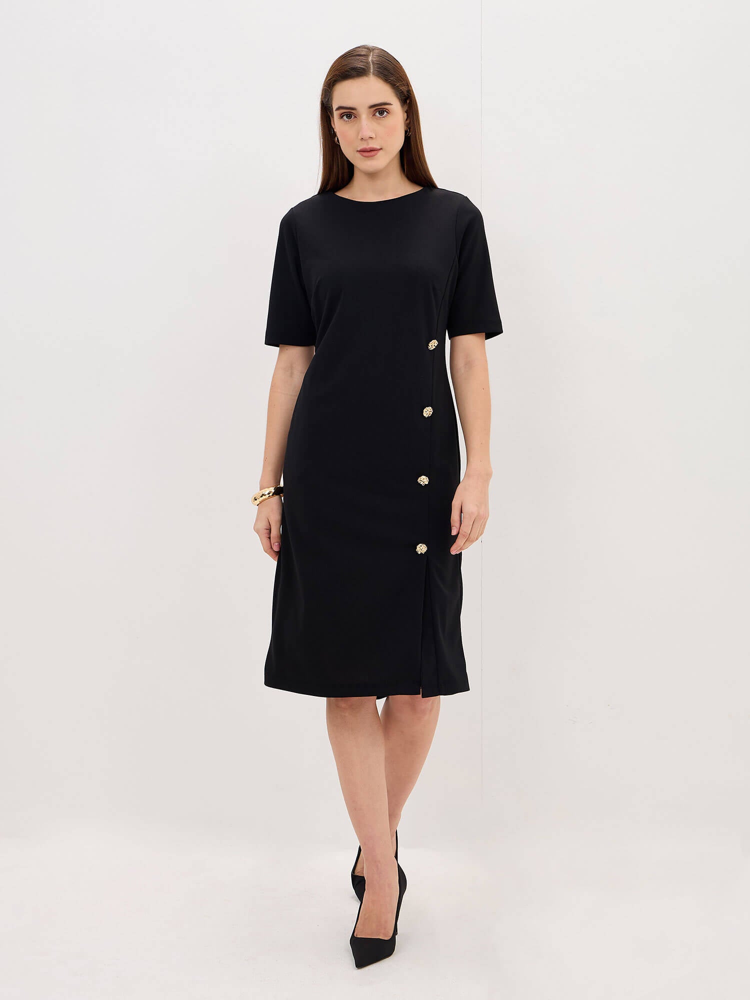 Claudia Metallic Button Detail Shift Dress-Jet Black