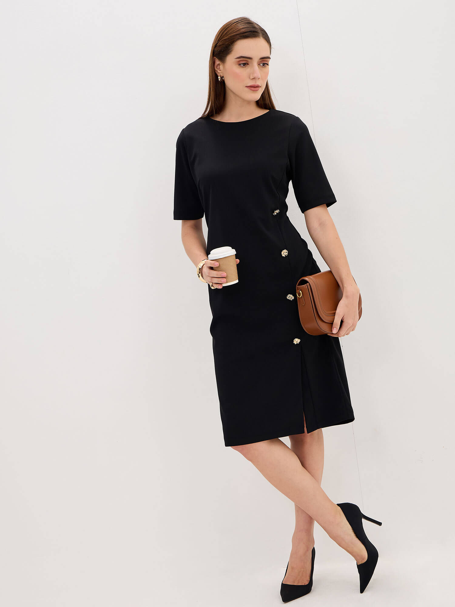 Claudia Metallic Button Detail Shift Dress-Jet Black