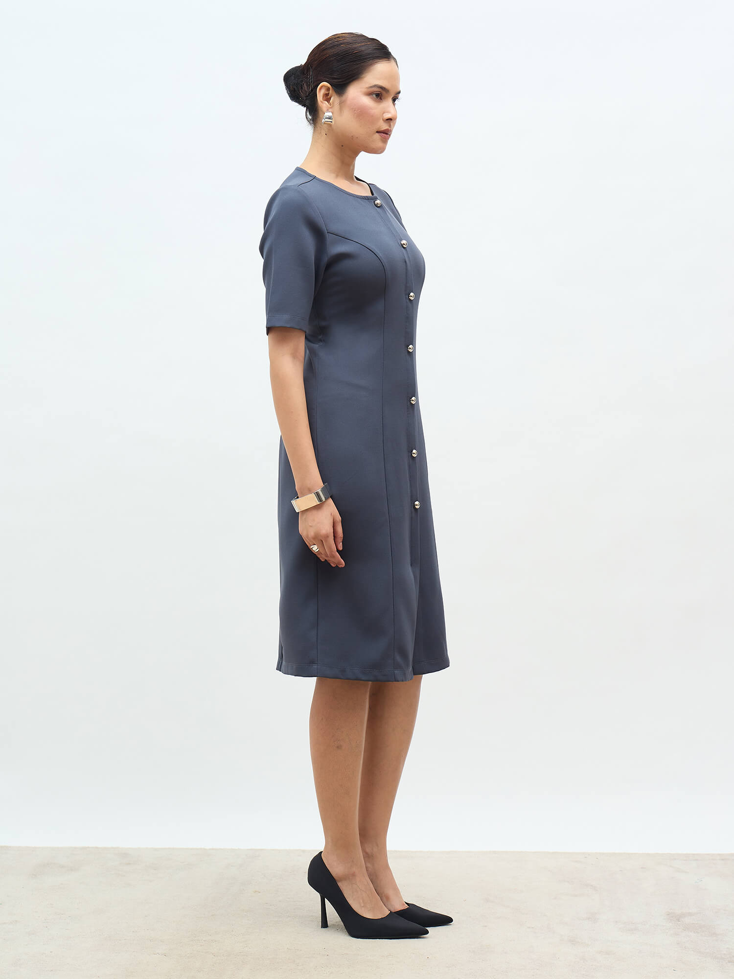 Carmen Faux Button Down Sheath Dress-Grey