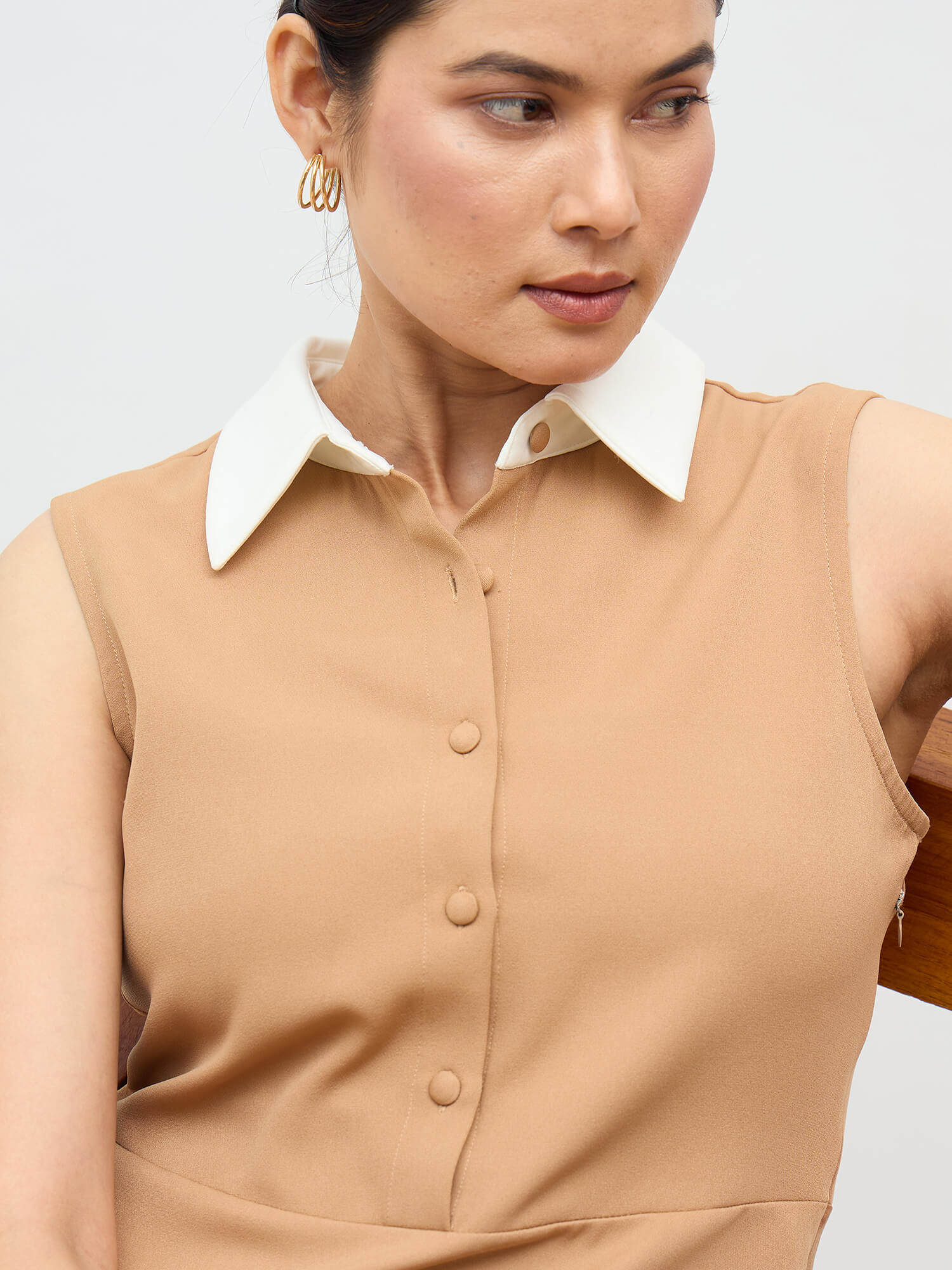 Orelia Contrast Detail Fit And Flare Dress-Beige