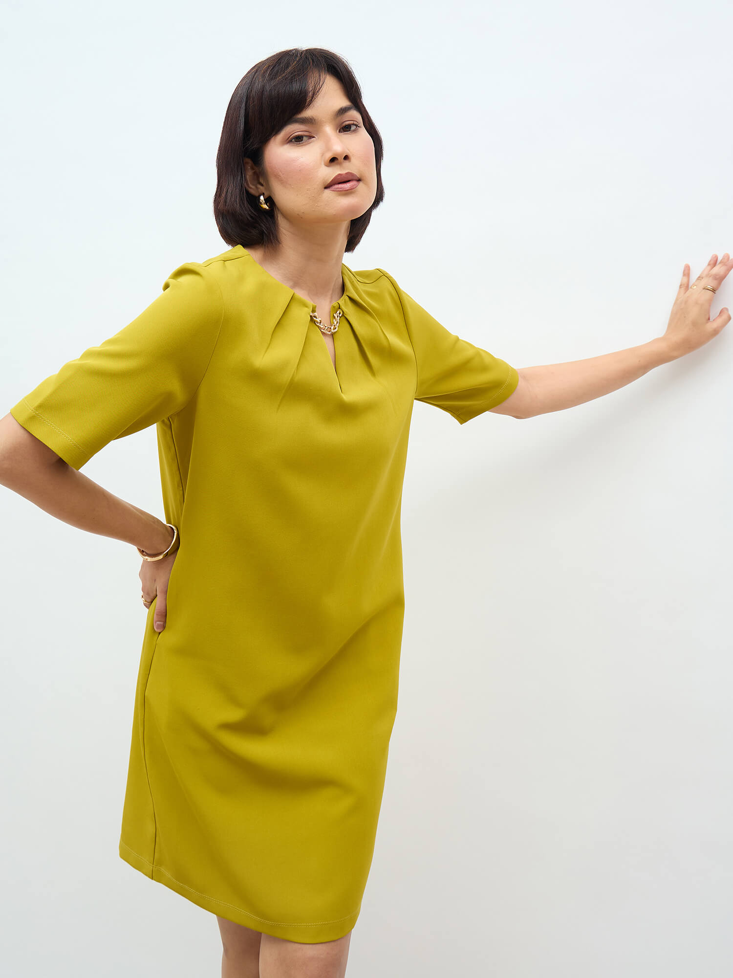 Helena Metallic Chain Shift Dress-Lime Green