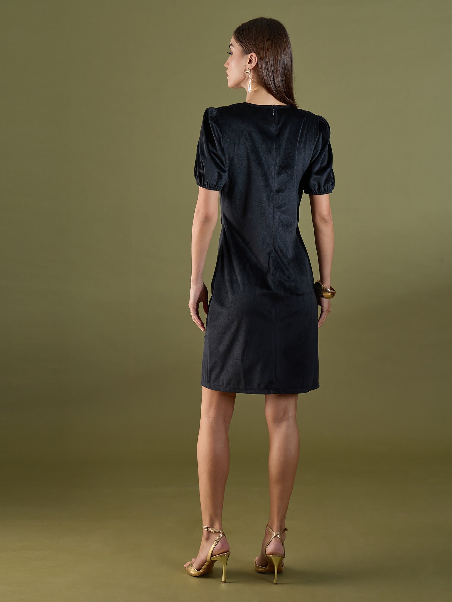 Erin Faux Wrap Velvet Dress-Black