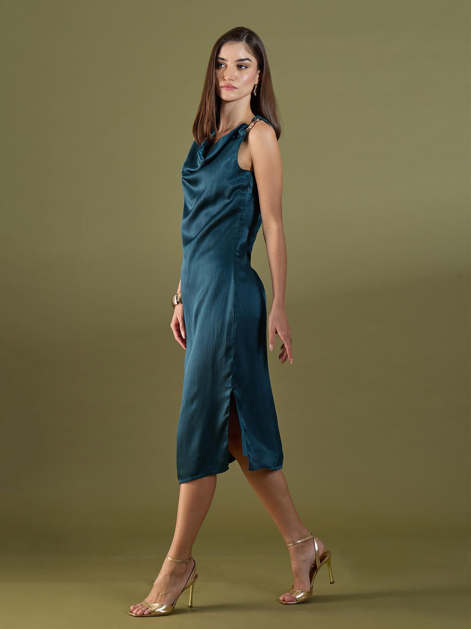 Alina Cowl Neck Midi Dress-Teal