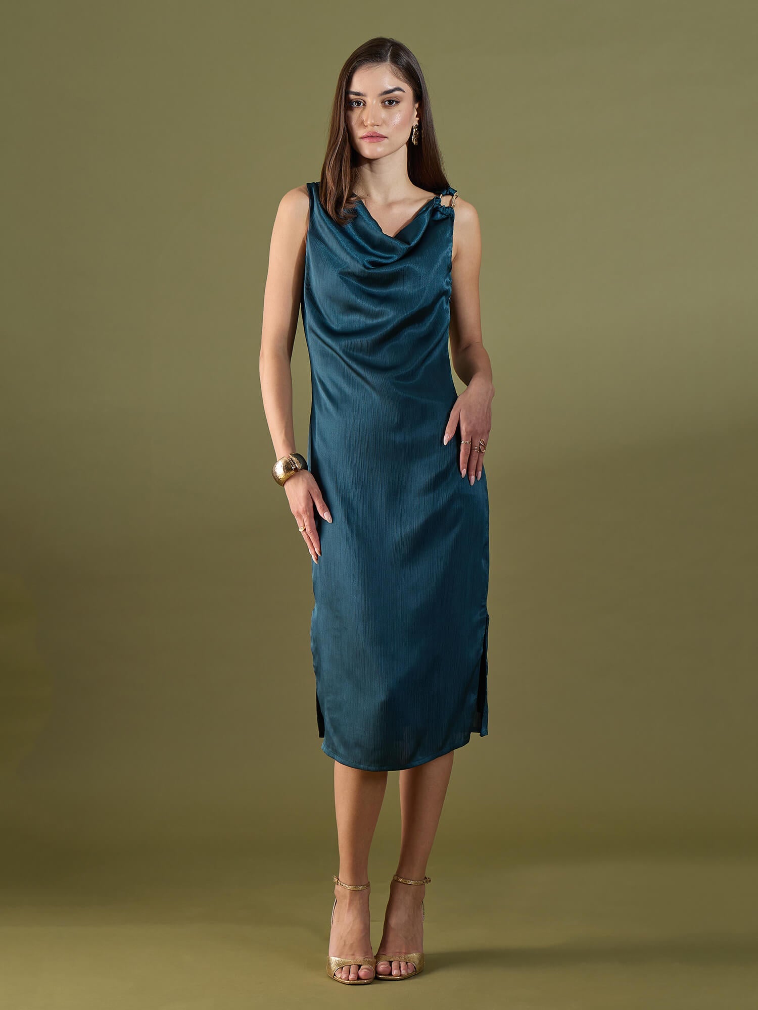 Alina Cowl Neck Midi Dress-Teal