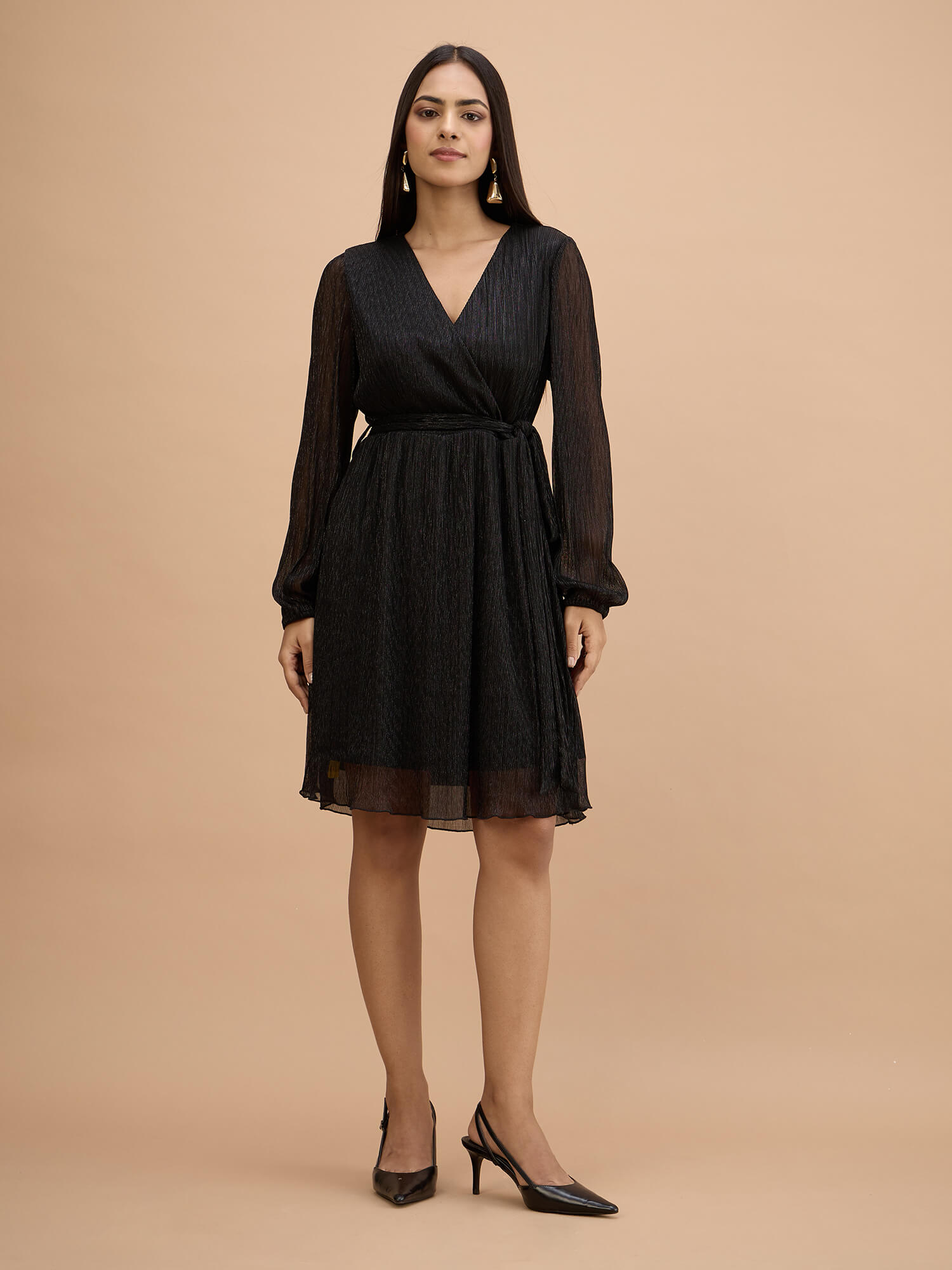 Tiarra Pleated lurex wrap belted dress-Black