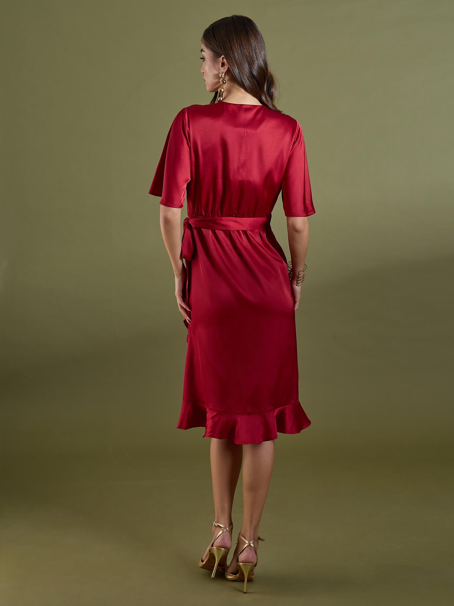 Mitsy Ruffle Detail Wrap Dress-Red