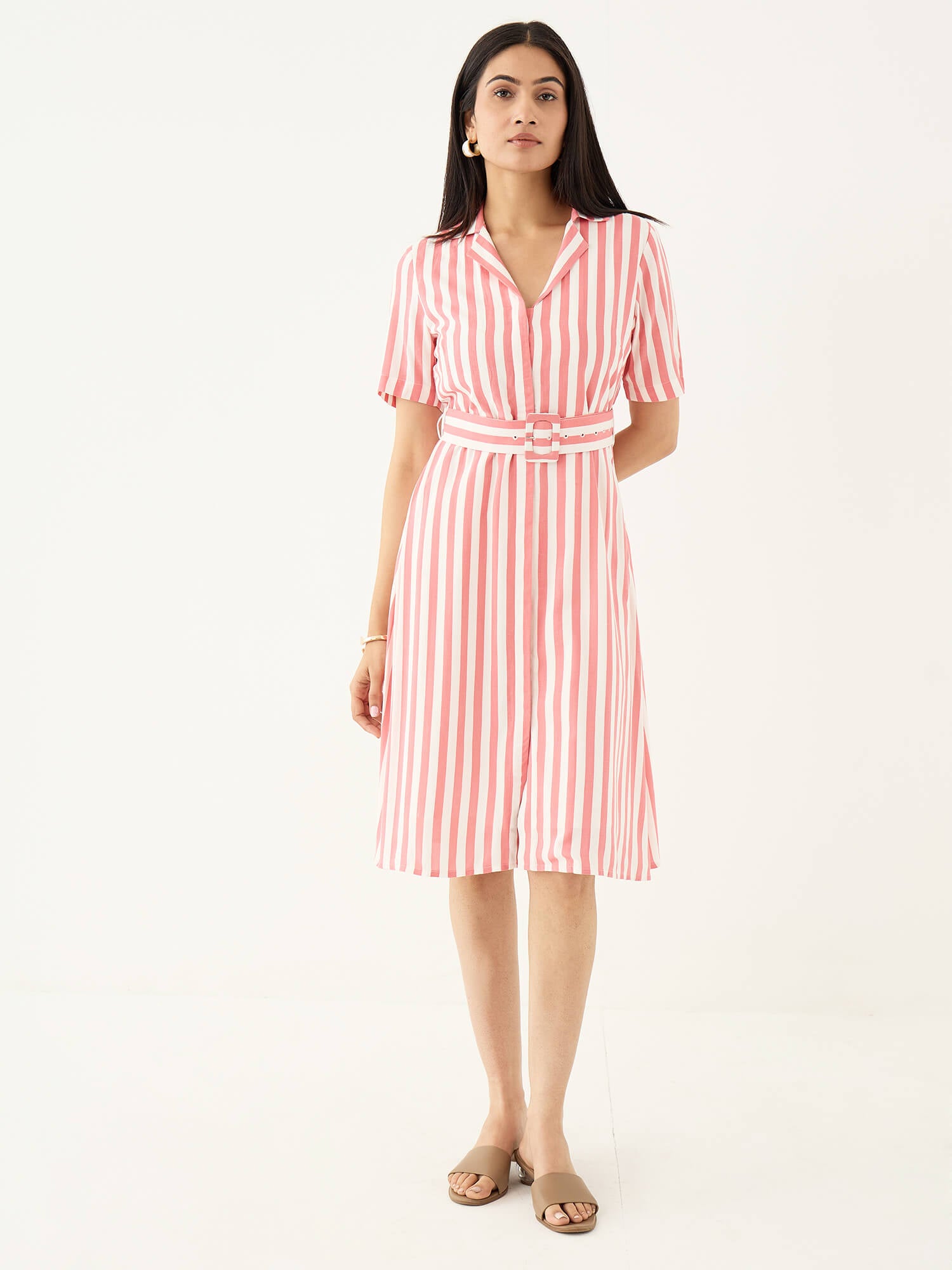 Palmira Notch Collar Shirt Dress-Pink & White