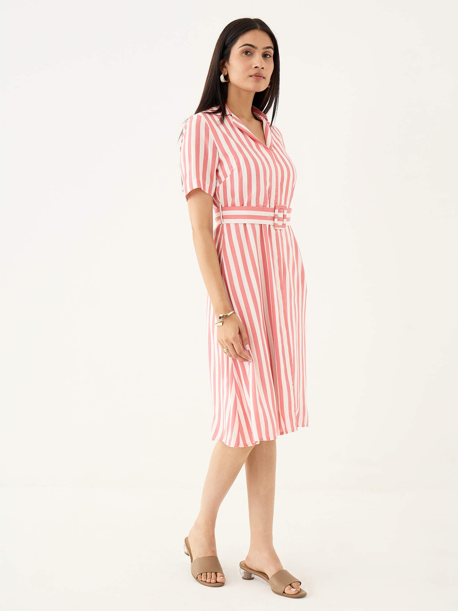 Palmira Notch Collar Shirt Dress-Pink & White
