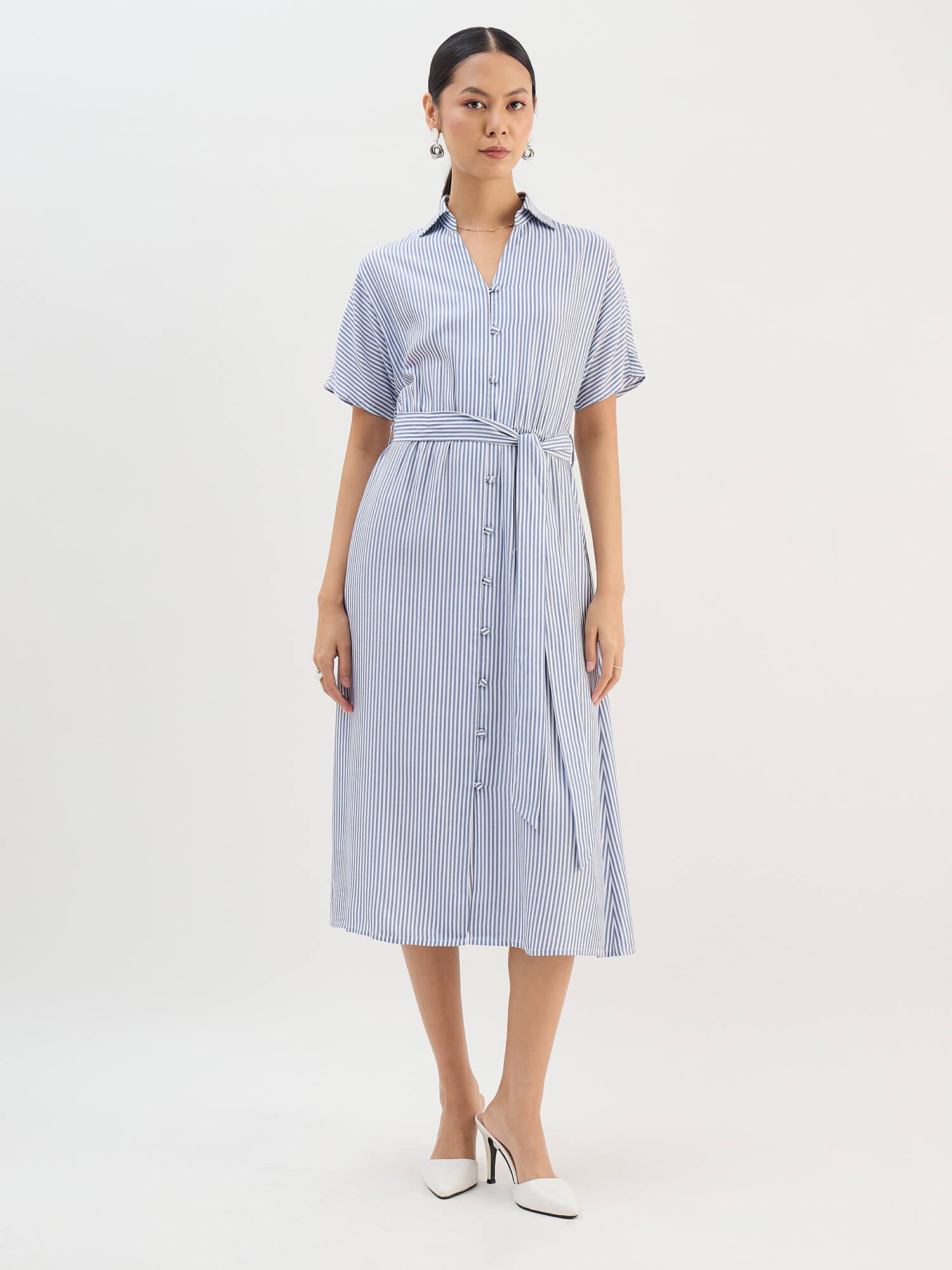 Melski Dolman Sleeve Shirt Dress-Navy & White