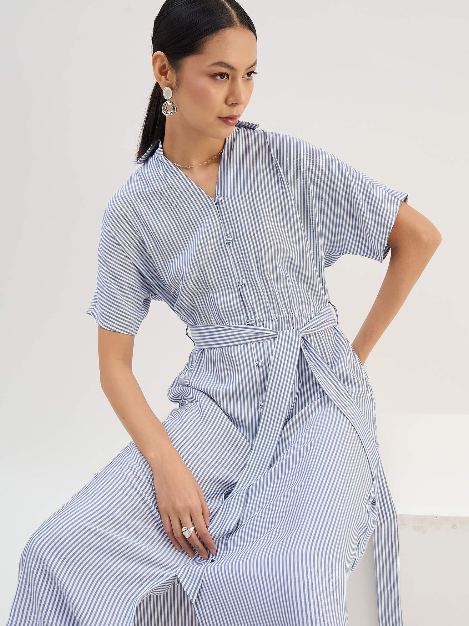 Melski Dolman Sleeve Shirt Dress-Navy & White