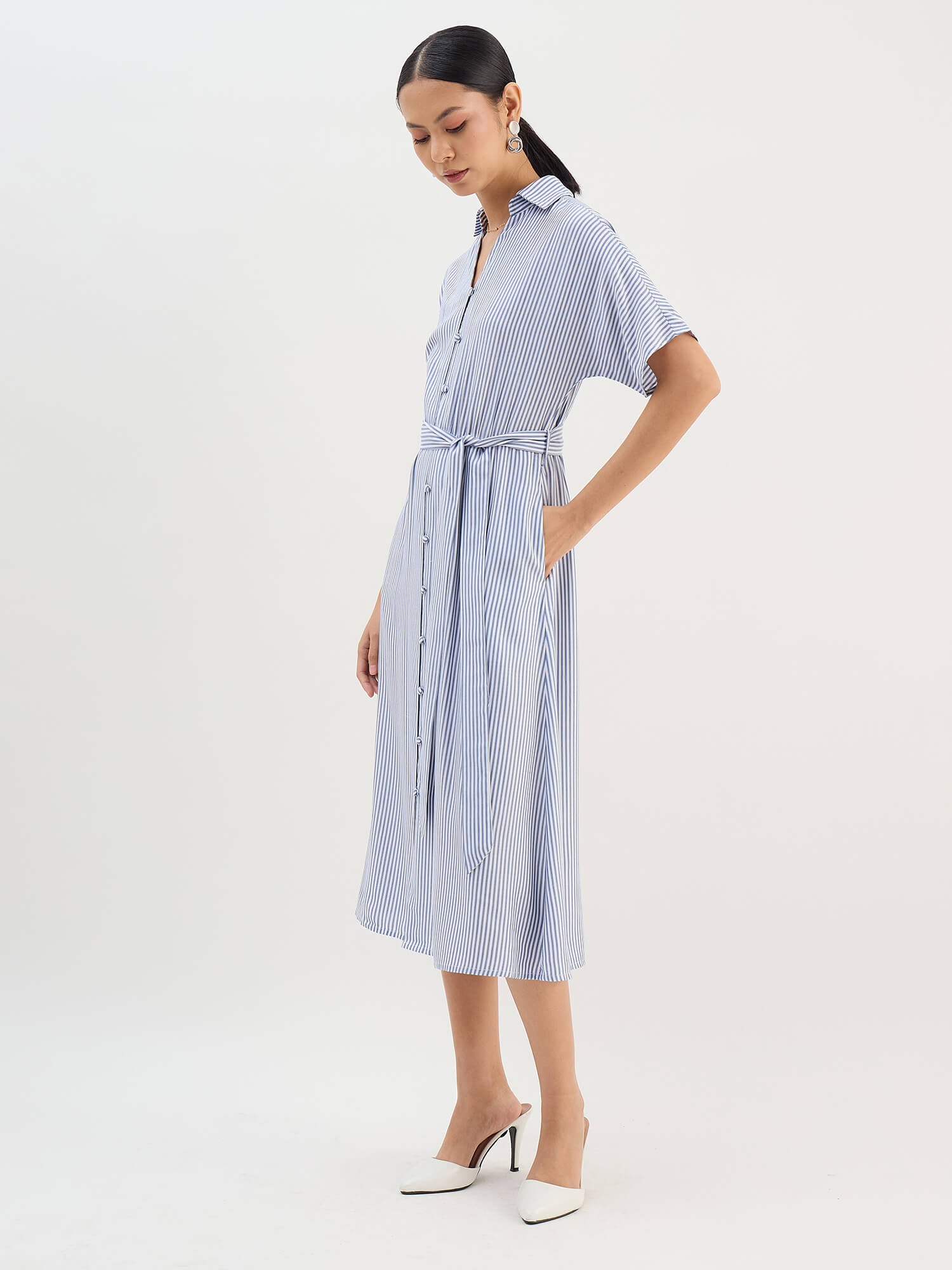 Melski Dolman Sleeve Shirt Dress-Navy & White
