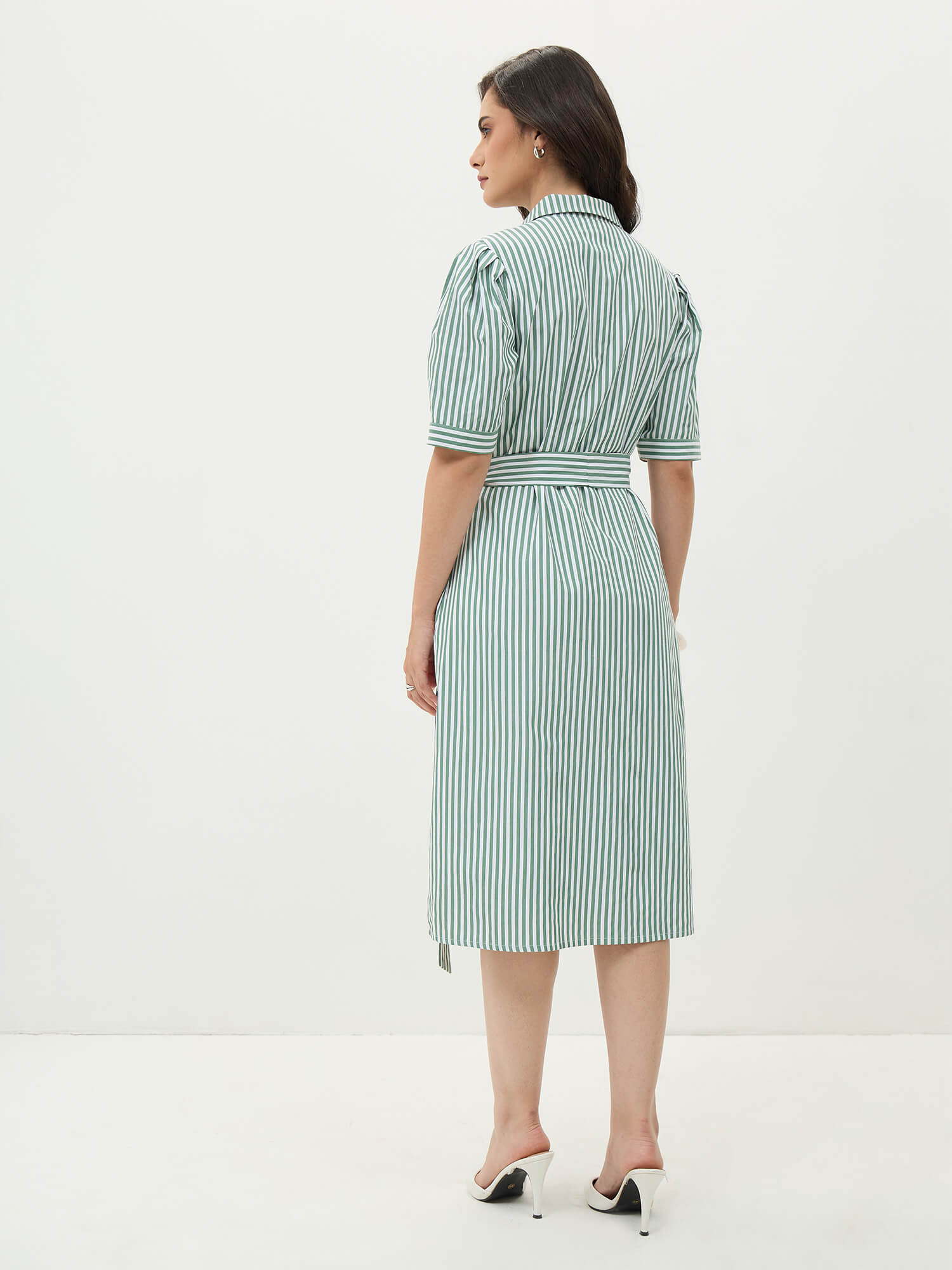 Alune Puff Sleeve Shirt Dress-Green&White