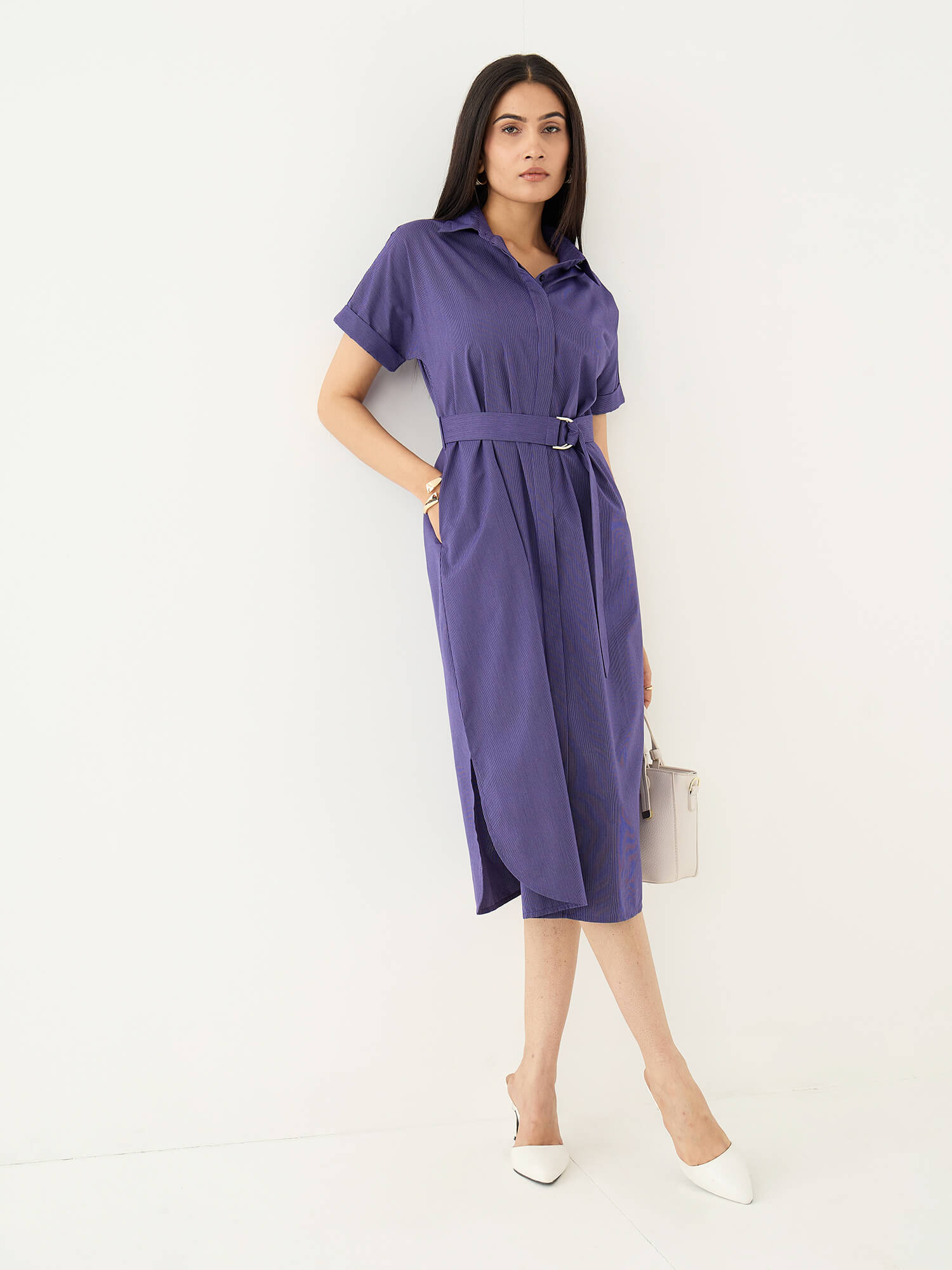 Avelin Belted Shirt Dress-Purple