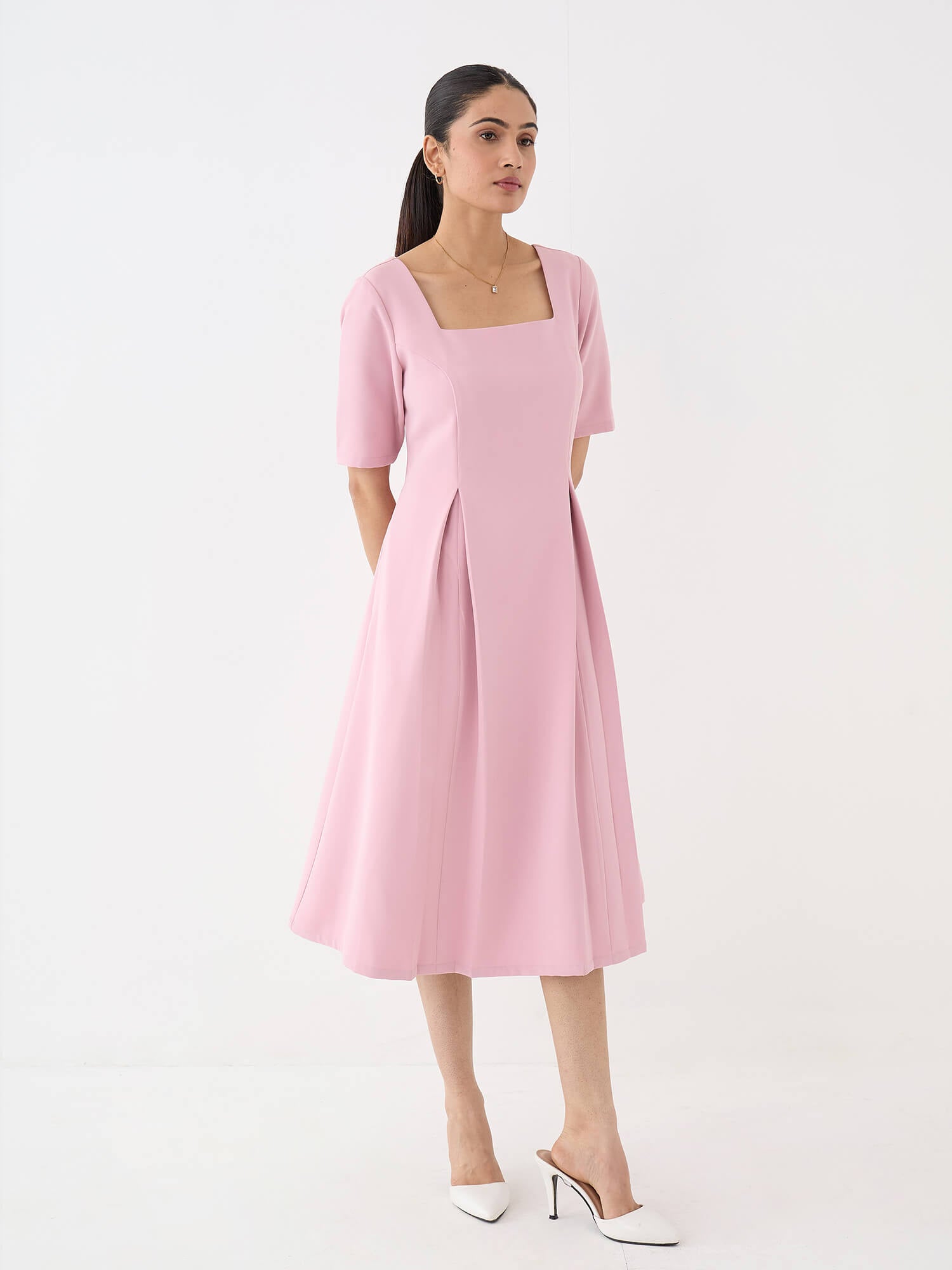 Etherea Square Neck Pleated Dress-Pink