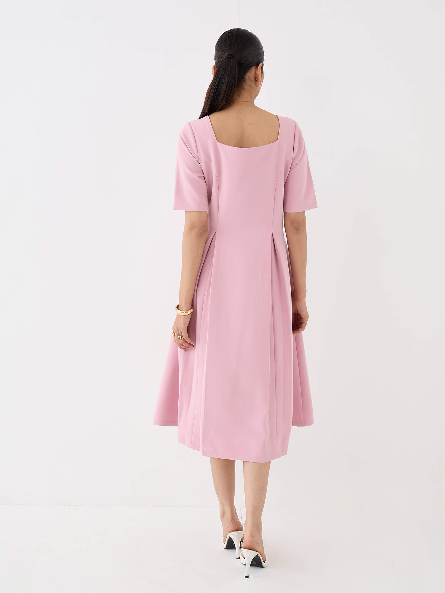Etherea Square Neck Pleated Dress-Pink