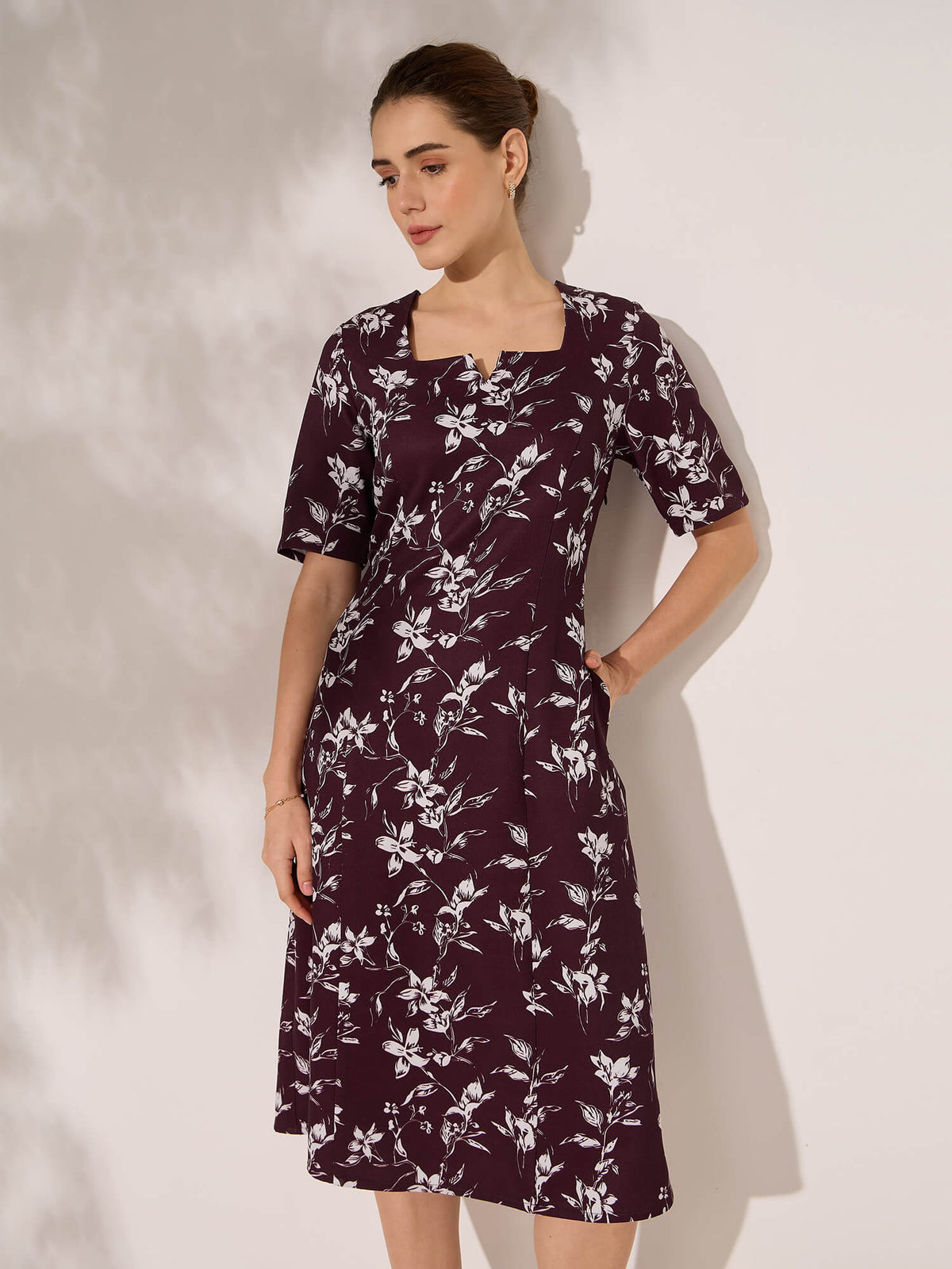 Julien Panelled Square Neck Dress-Wine&Ivory