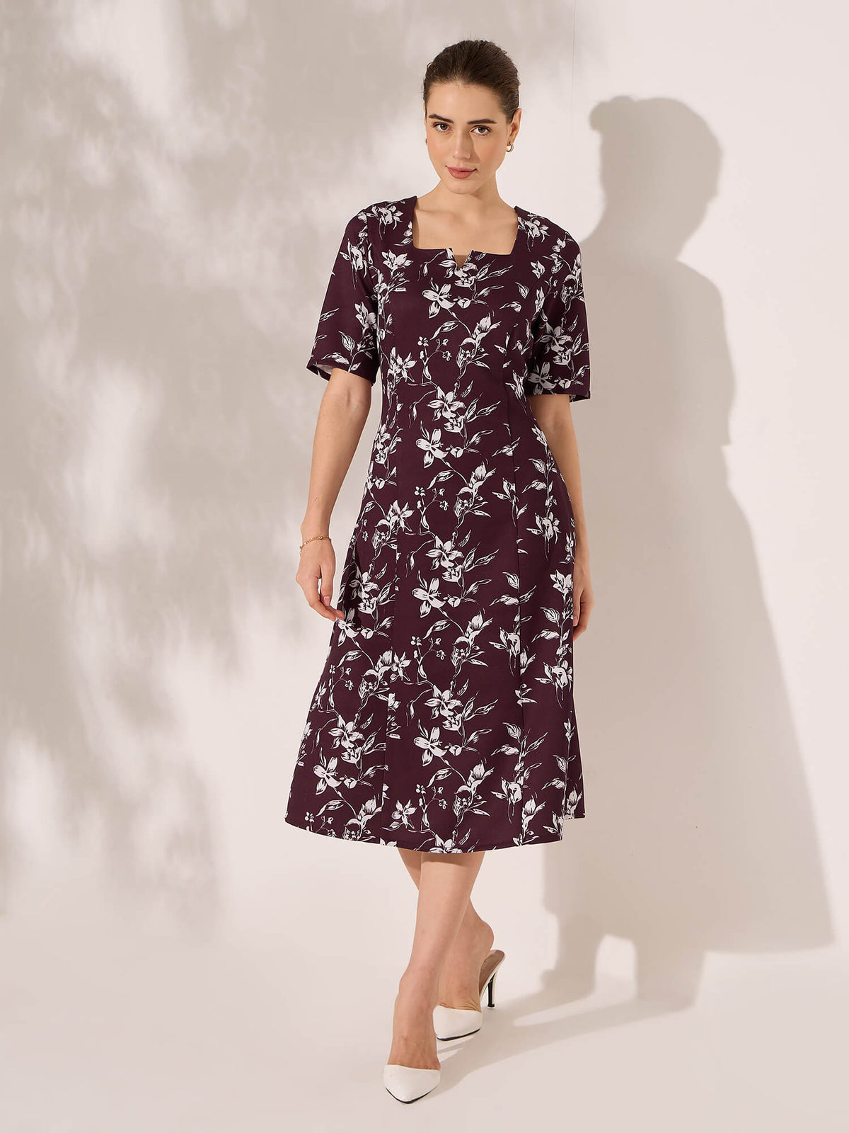 Julien Panelled Square Neck Dress-Wine&Ivory