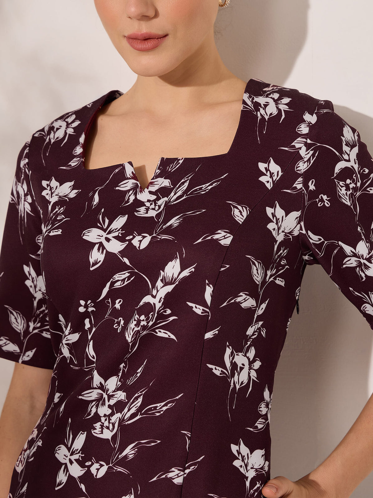 Julien Panelled Square Neck Dress-Wine&Ivory