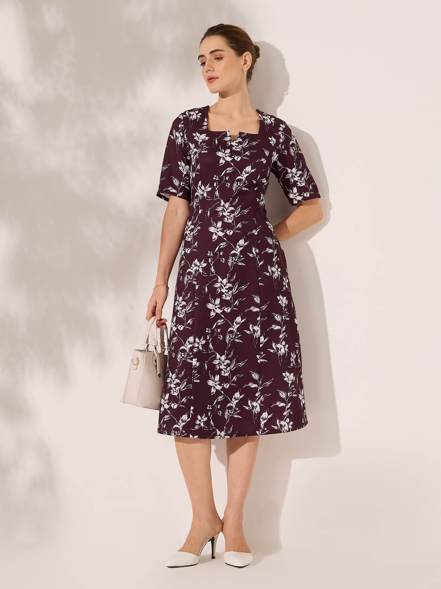 Julien Panelled Square Neck Dress-Wine&Ivory