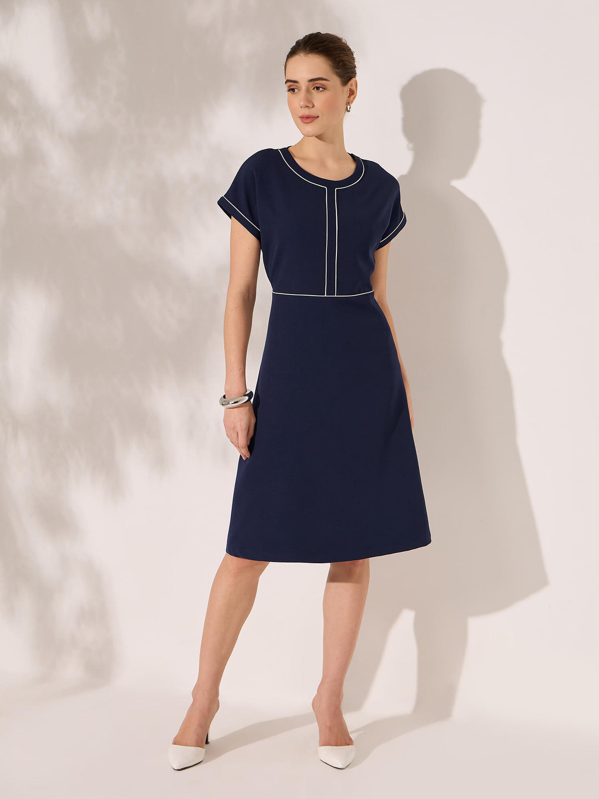 Althea Contrast Detail A-Line Dress-Navy