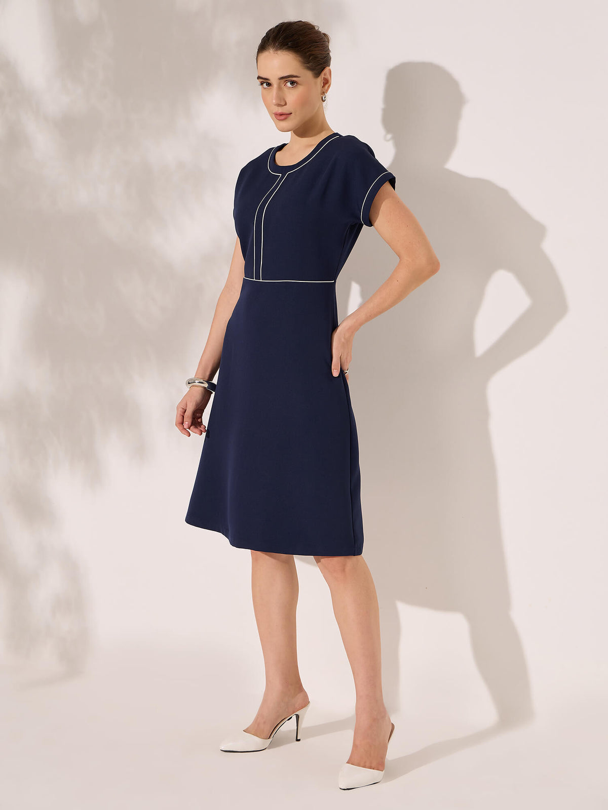 Althea Contrast Detail A-Line Dress-Navy