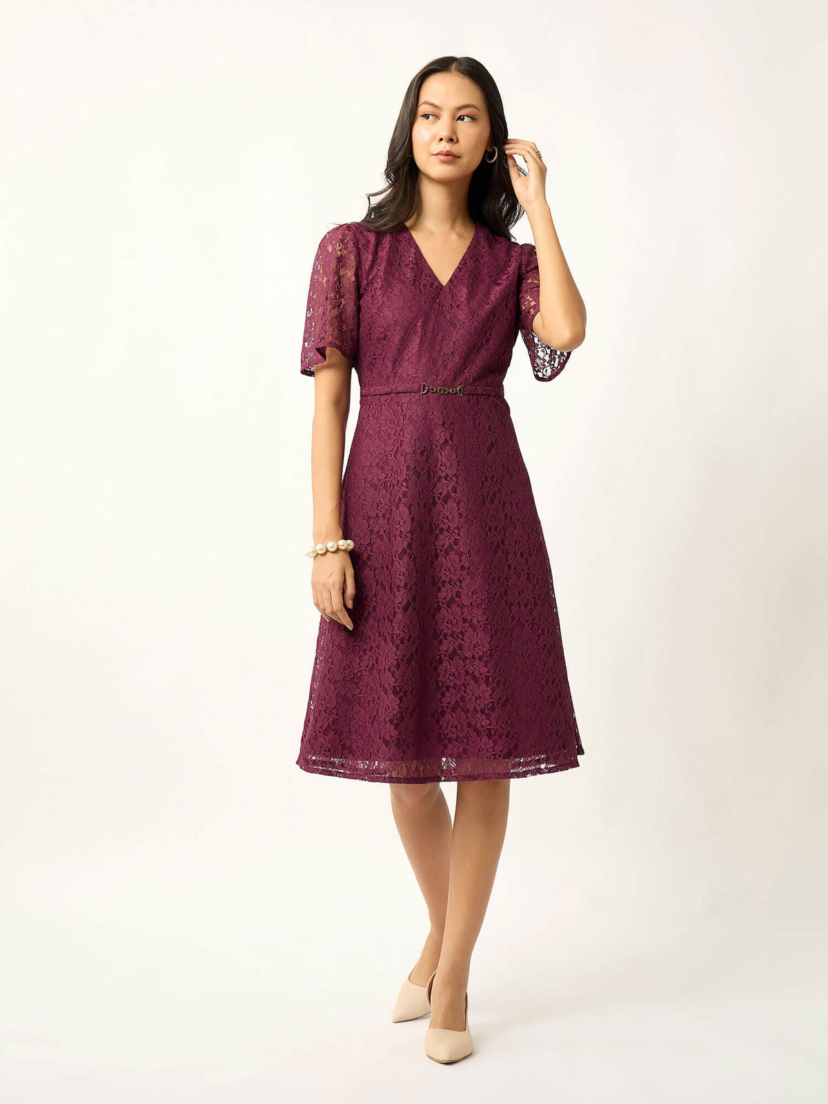 Zaria Fit & Flare Lace Dress With Trim-Wine