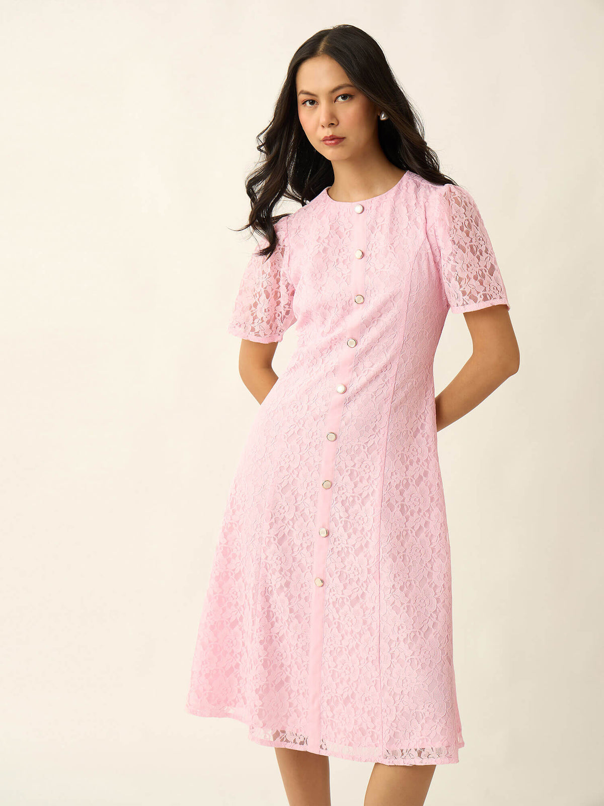 Seline Placket Lace Dress-Pink