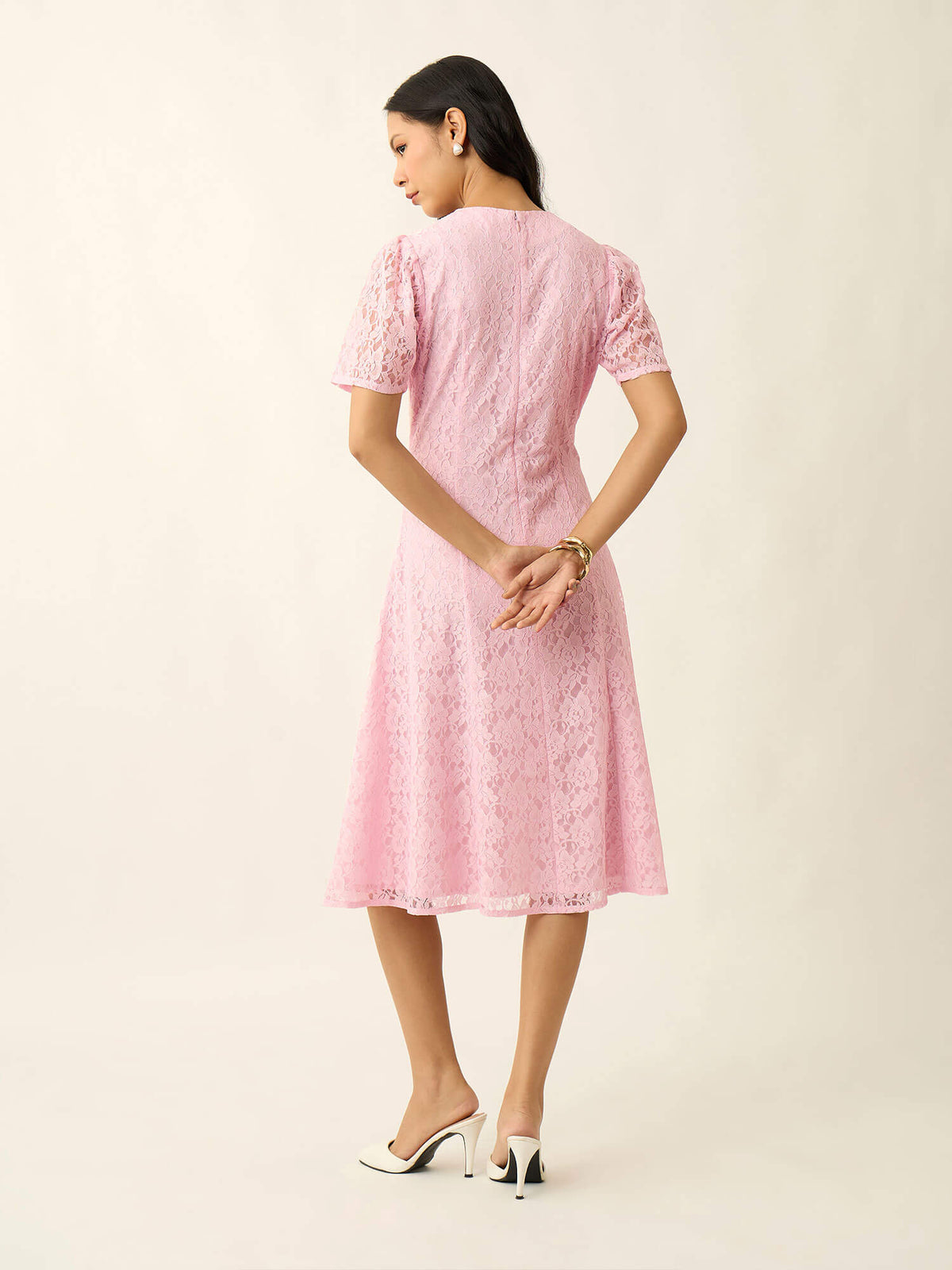 Seline Placket Lace Dress-Pink