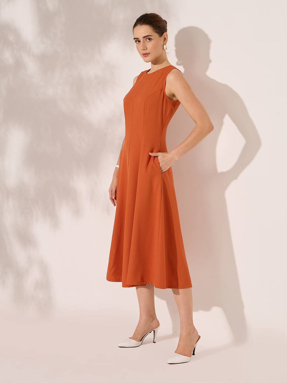 Nerissa Panelled Detail Fit and Flare Dress-Orange