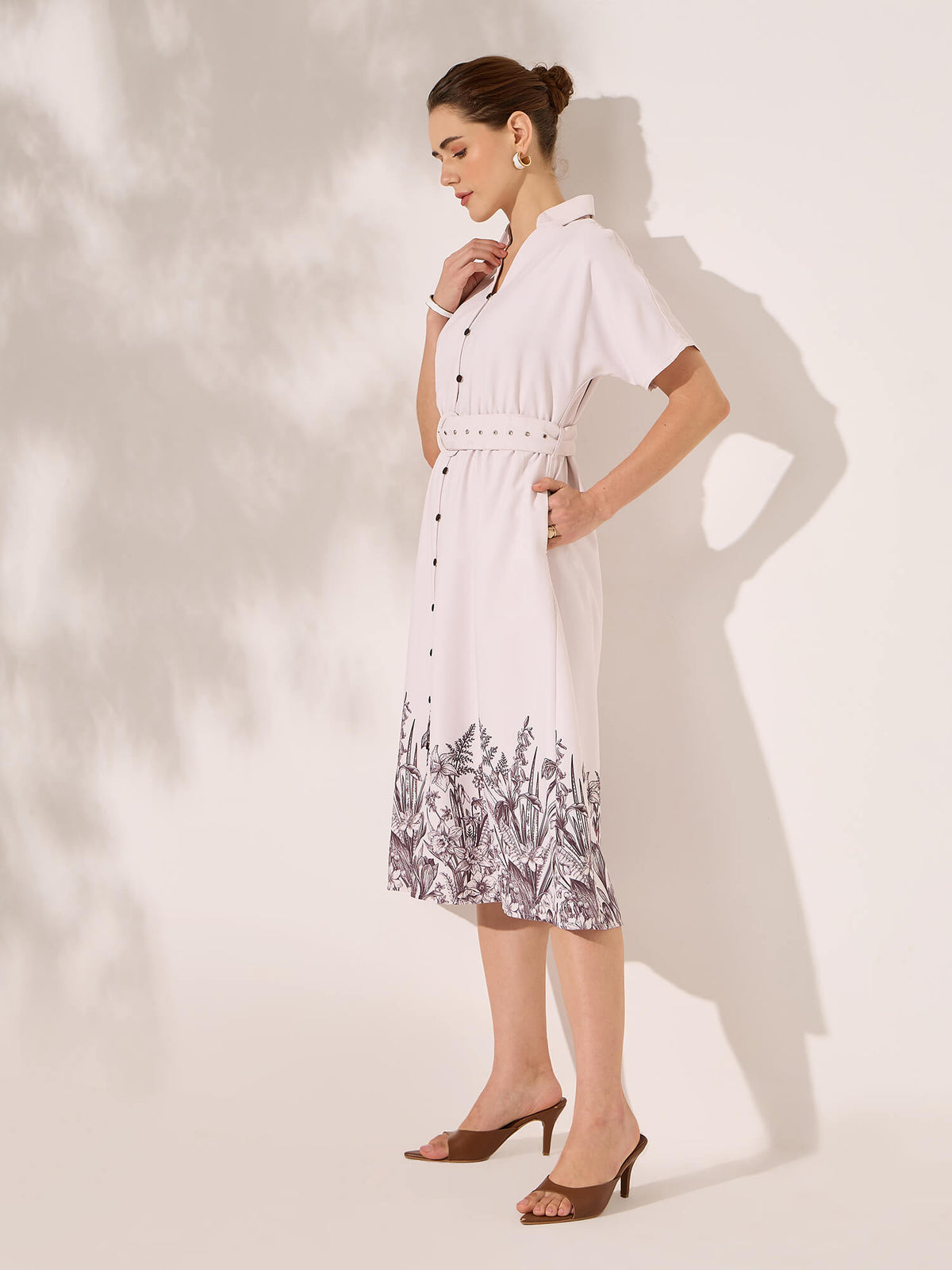 Anya Dolman Sleeve Shirt Dress With Placement Print-Beige&Brown
