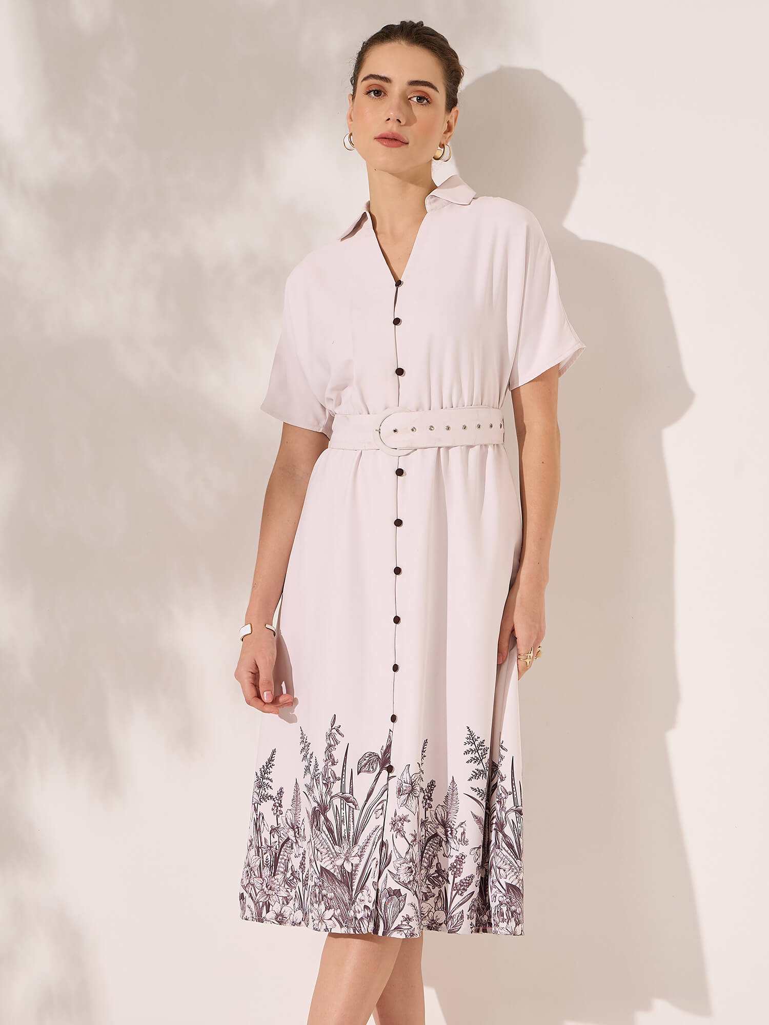 Anya Dolman Sleeve Shirt Dress With Placement Print-Beige&Brown