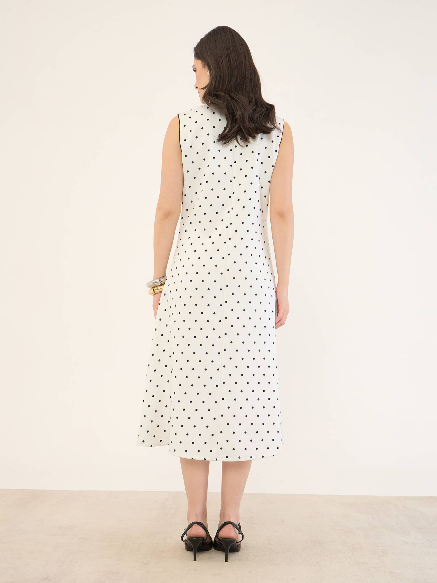 Dotella Contrast Detail Flared Midi Dress -White