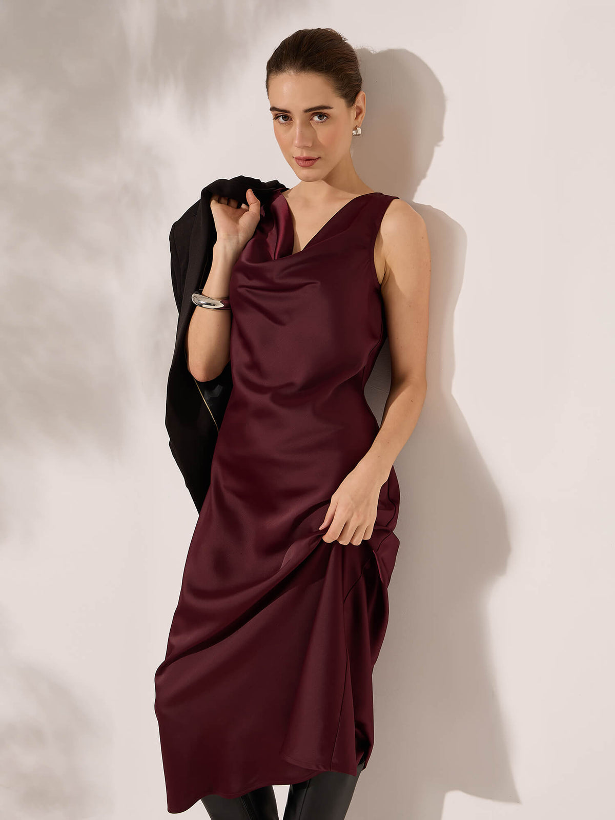 Fraise Cowl neck scarf dress-Wine