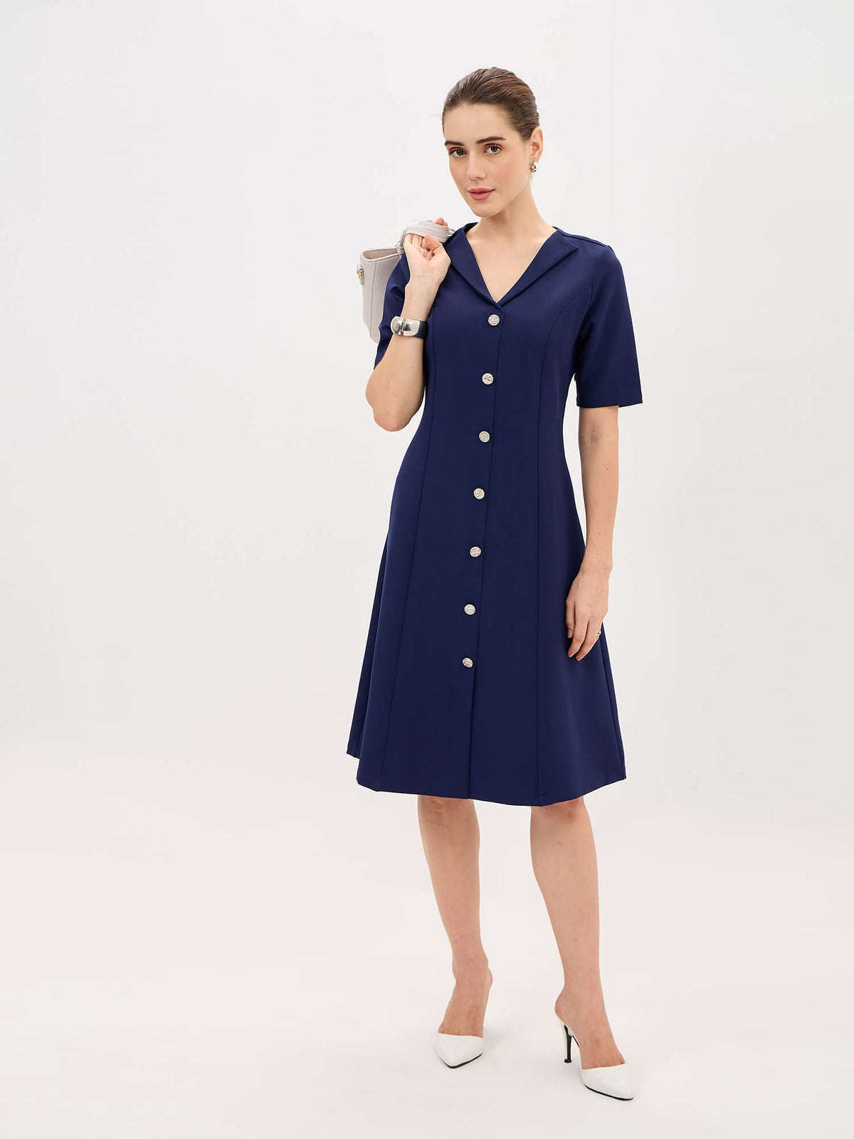Antonia Metallic Button Down A-line Dress-Navy