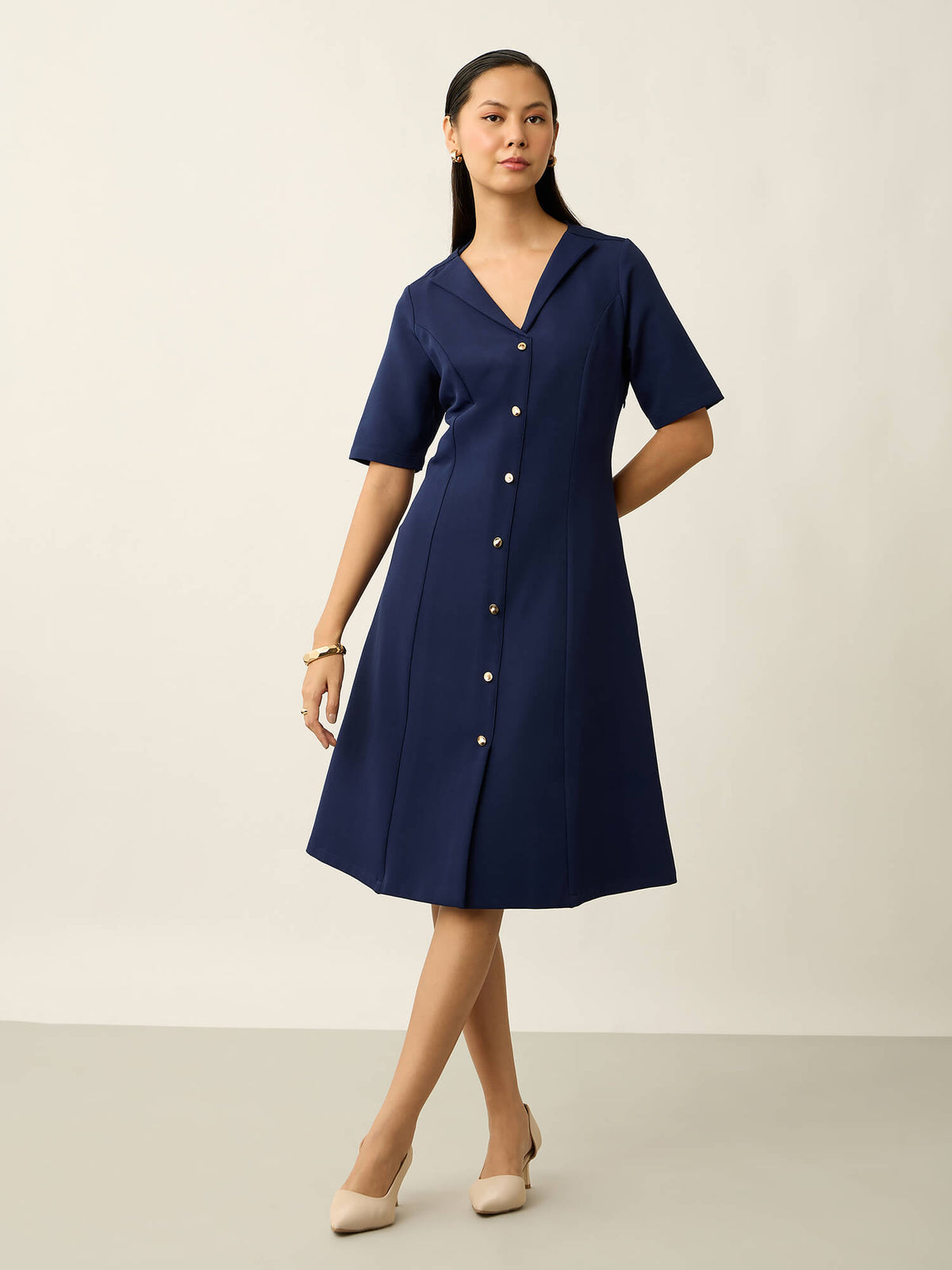 Antonia Metallic Button Down A-line Dress-Navy