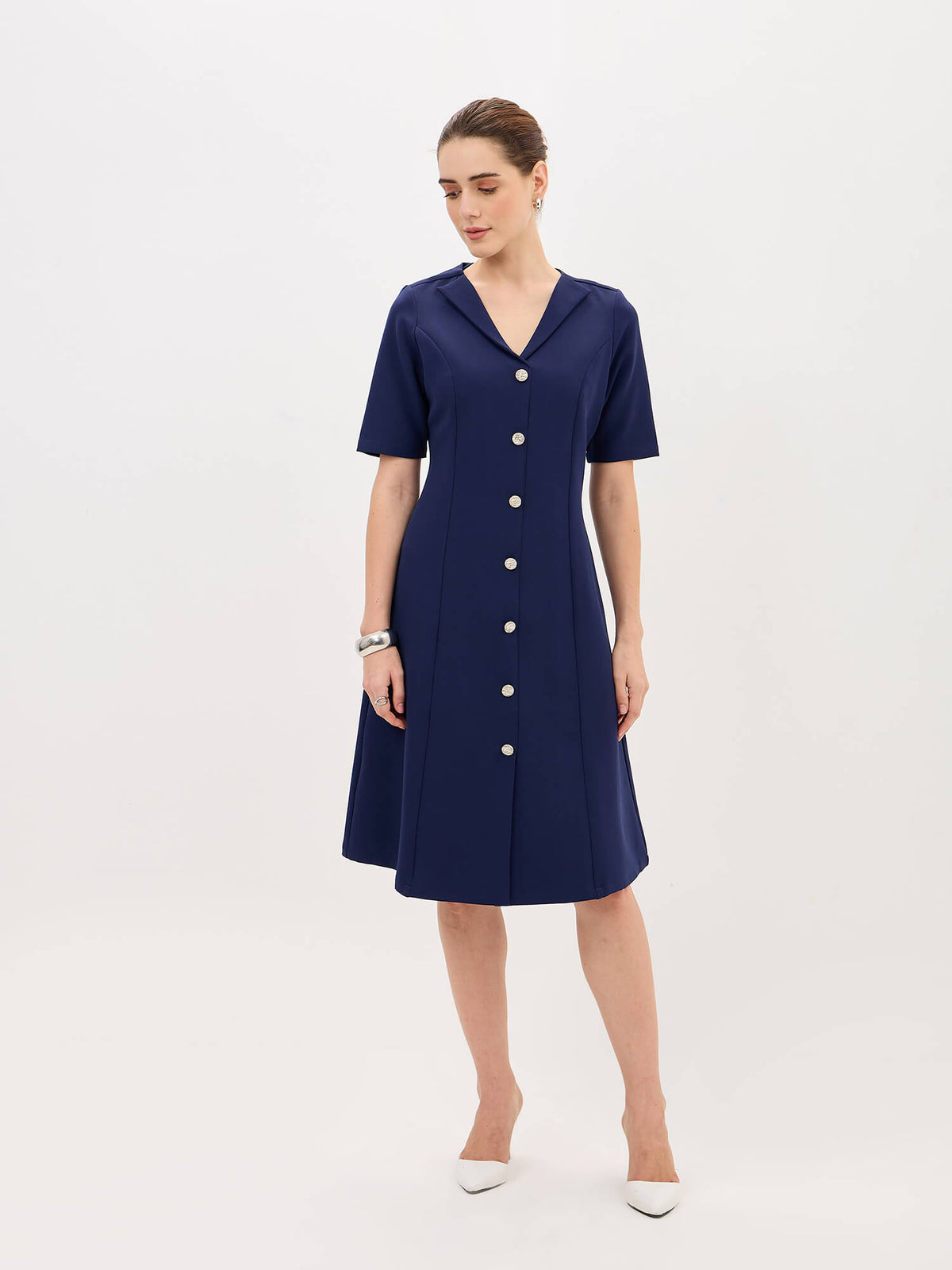 Antonia Metallic Button Down A-line Dress-Navy