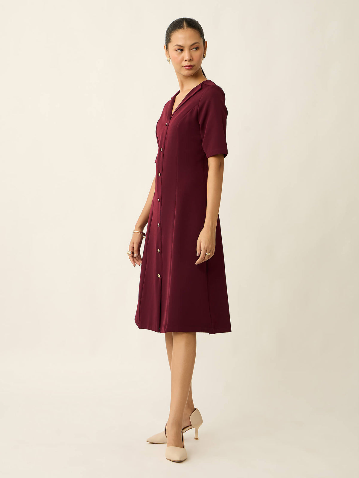 Antonia Metallic Button Down A-line Dress-Wine