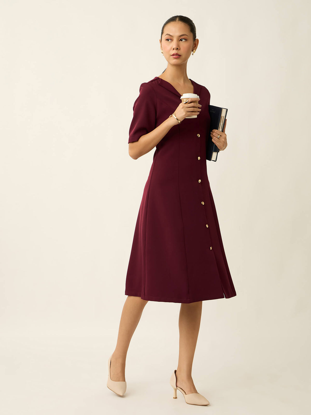 Antonia Metallic Button Down A-line Dress-Wine