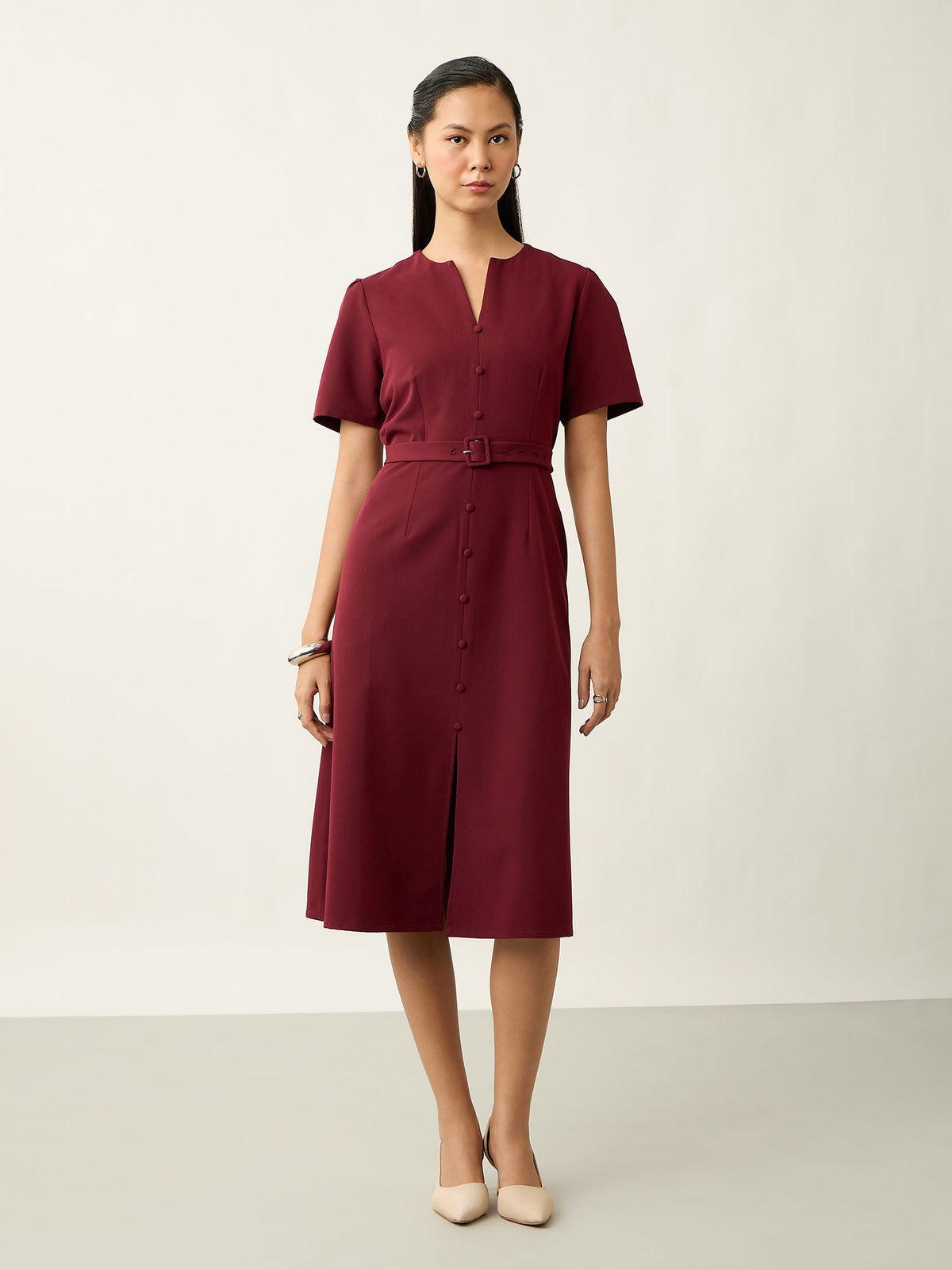Alaris Button Detail Darted Dress-Wine