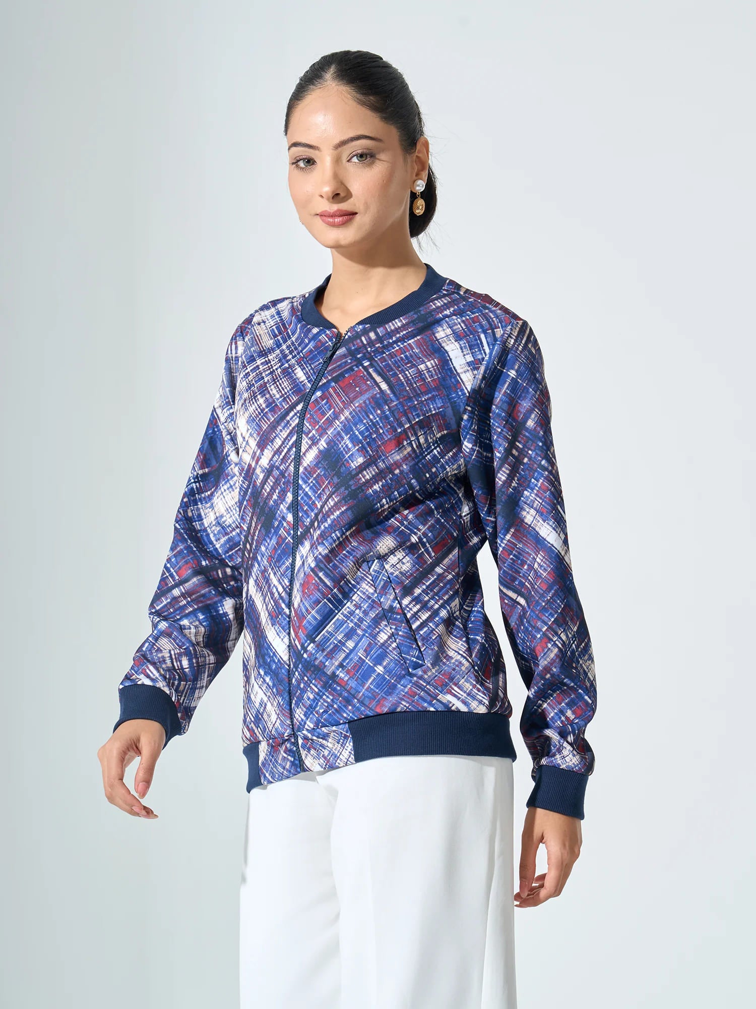 Gio-Navy Geometric Bomber Jacket - Multicolor