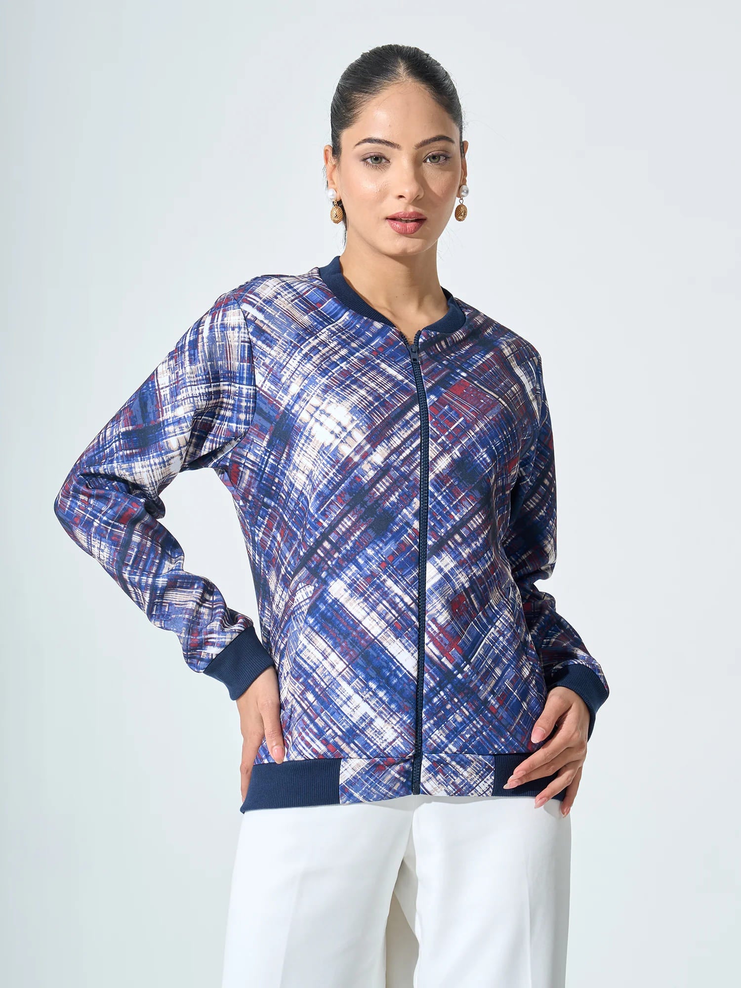 Gio-Navy Geometric Bomber Jacket - Multicolor