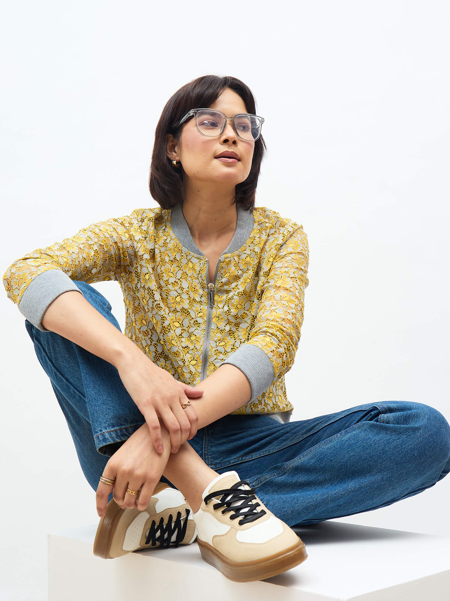 Freya Lace Bomber Jacket - Yellow