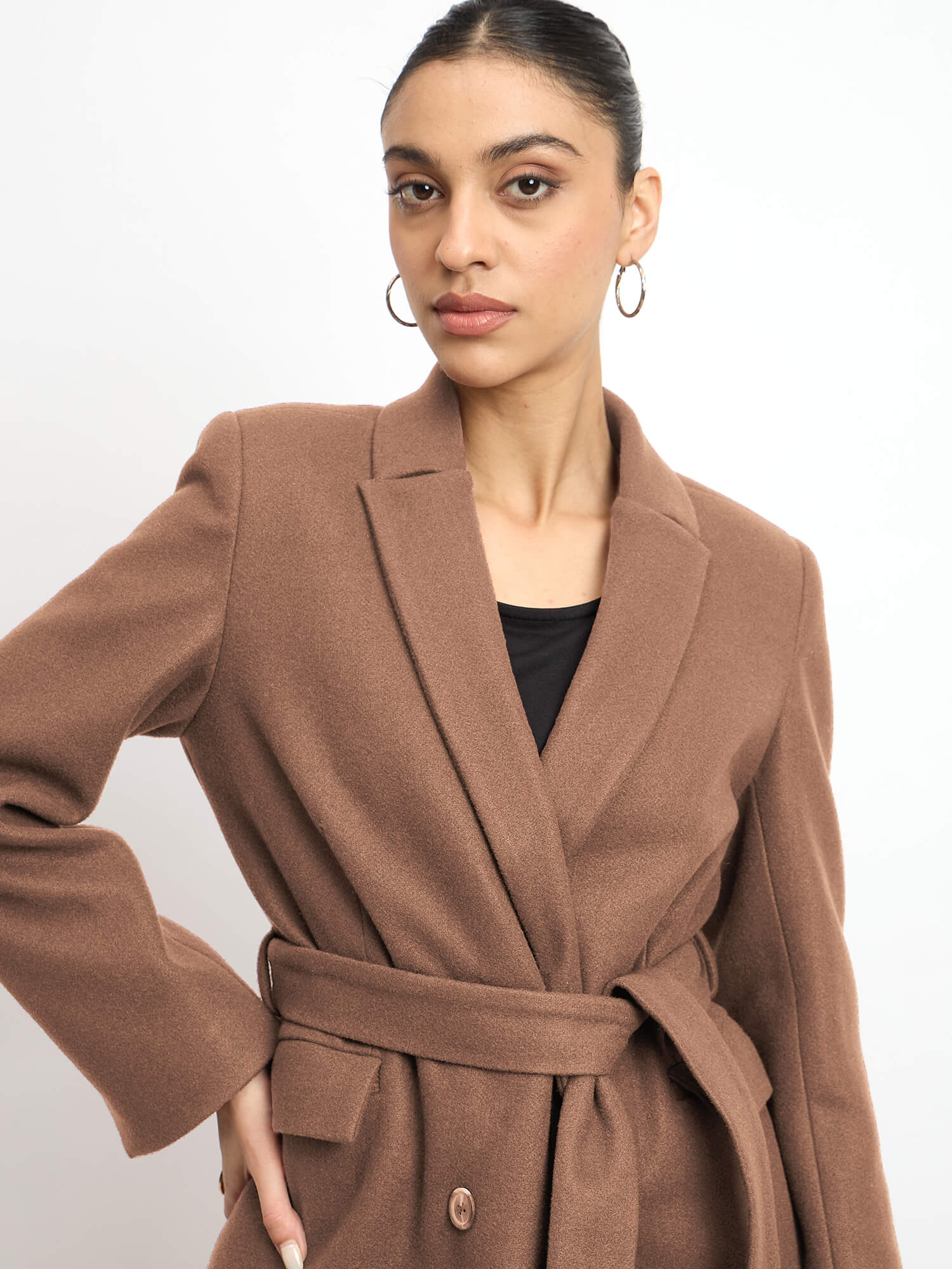 Nevara Double Breasted Longline Belted Coat - Caramel