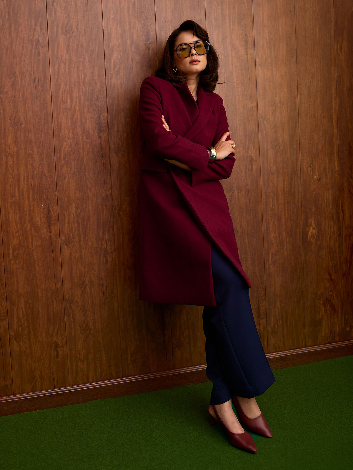 Nevara Double Breasted Longline Belted Coat-Burgundy